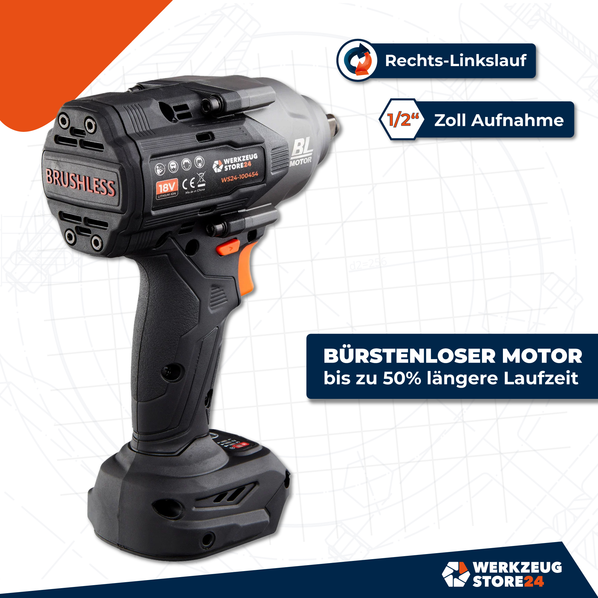 Schwarzer und orangefarbener Akku-Schlagschrauber. Merkmale umfassen bürstenlosen Motor, 18V und 1/2 Zoll Antrieb.