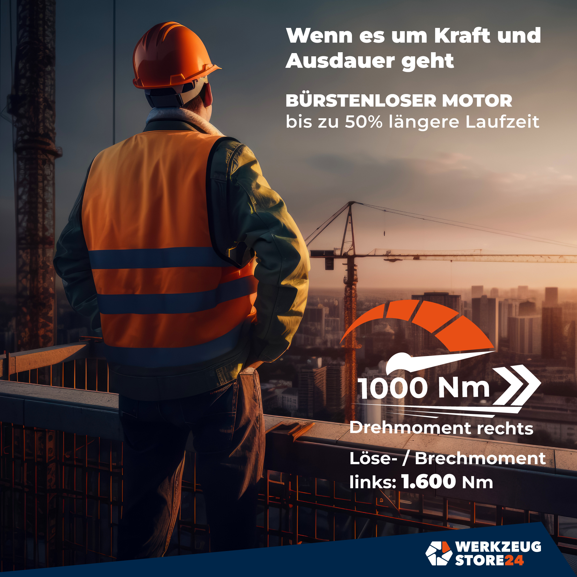 Bauarbeiter mit Weste und Helm auf Dach, Blick auf Stadtbild, orangefarbenes Messgerät und Text.