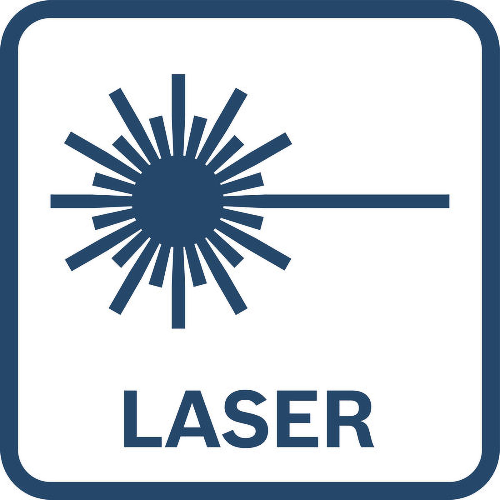 Blaues Quadrat mit Lasersymbol und dem Wort LASER darunter. Das Symbol sieht aus wie eine Sonne mit Strahl.