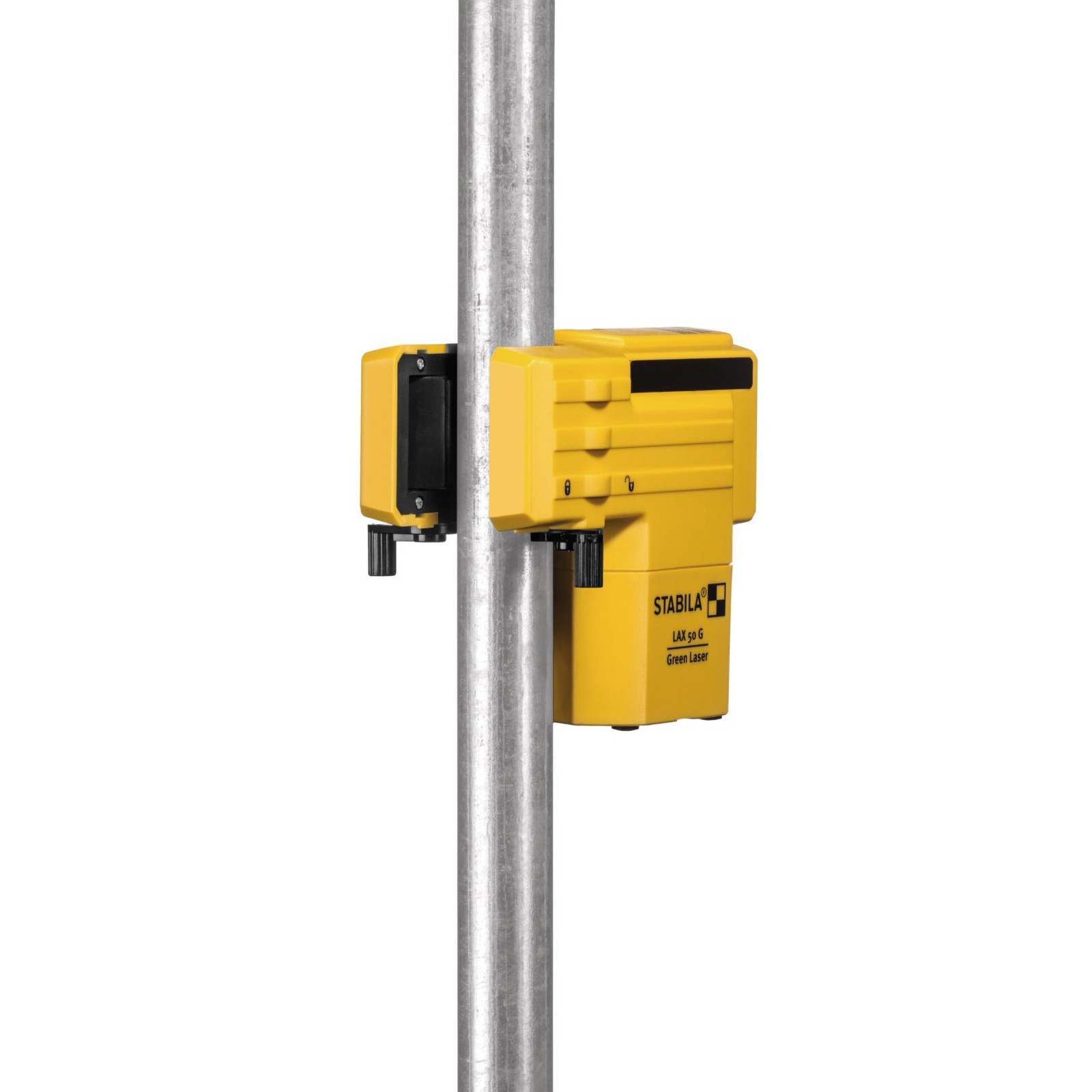 Żółty poziomica laserowa Stabila LAX 50 G jest zamontowana na srebrnym słupie. Tło jest białe.