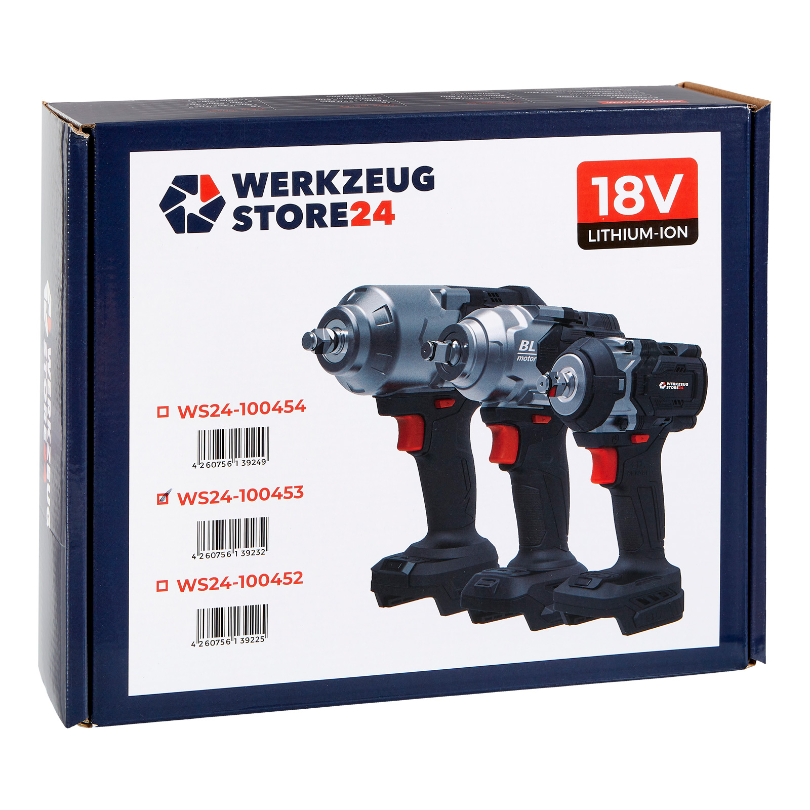 Karton mit drei schwarzen und grauen Elektrowerkzeugen, roten Akzenten und Text. Die Box hat ein Logo und den Text '18V Lithium-Ion'.