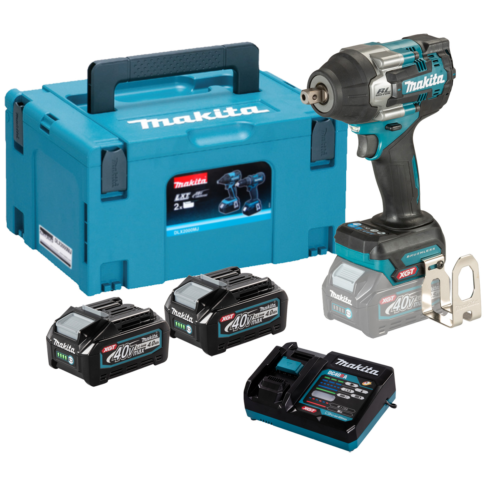 È esposto un set di utensili Makita color verde acqua. Include una cassetta degli attrezzi, una chiave a impulsi, batterie e un caricatore.