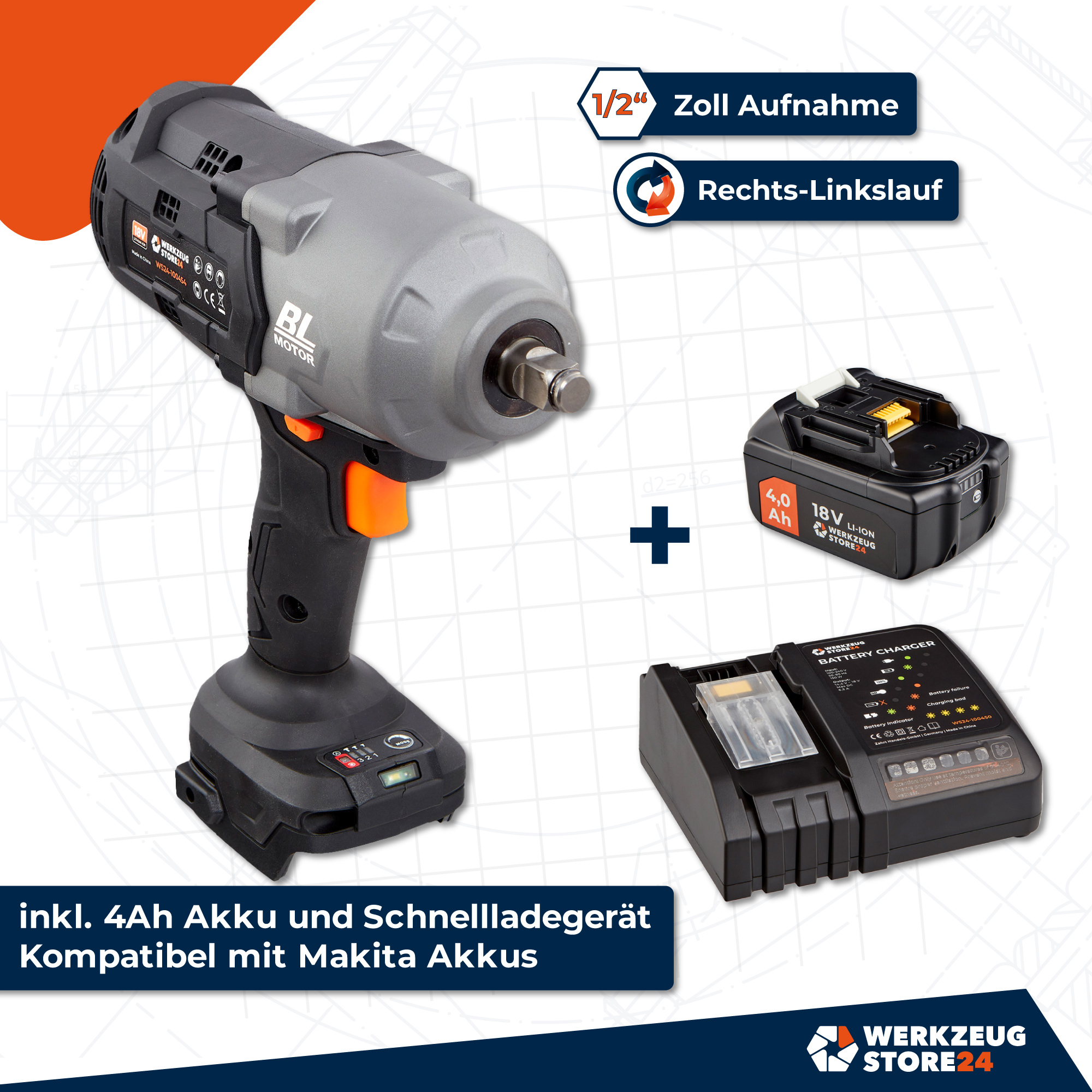 Ein Schlagschrauber, Akku und Ladegerät liegen auf weißem Untergrund. Der Schrauber ist schwarz und grau mit orangenen Akzenten.