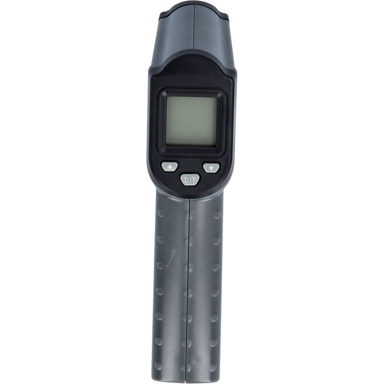 Ein grau-schwarzes digitales Infrarot-Thermometer auf weißem Hintergrund. Es hat einen Bildschirm und Knöpfe.