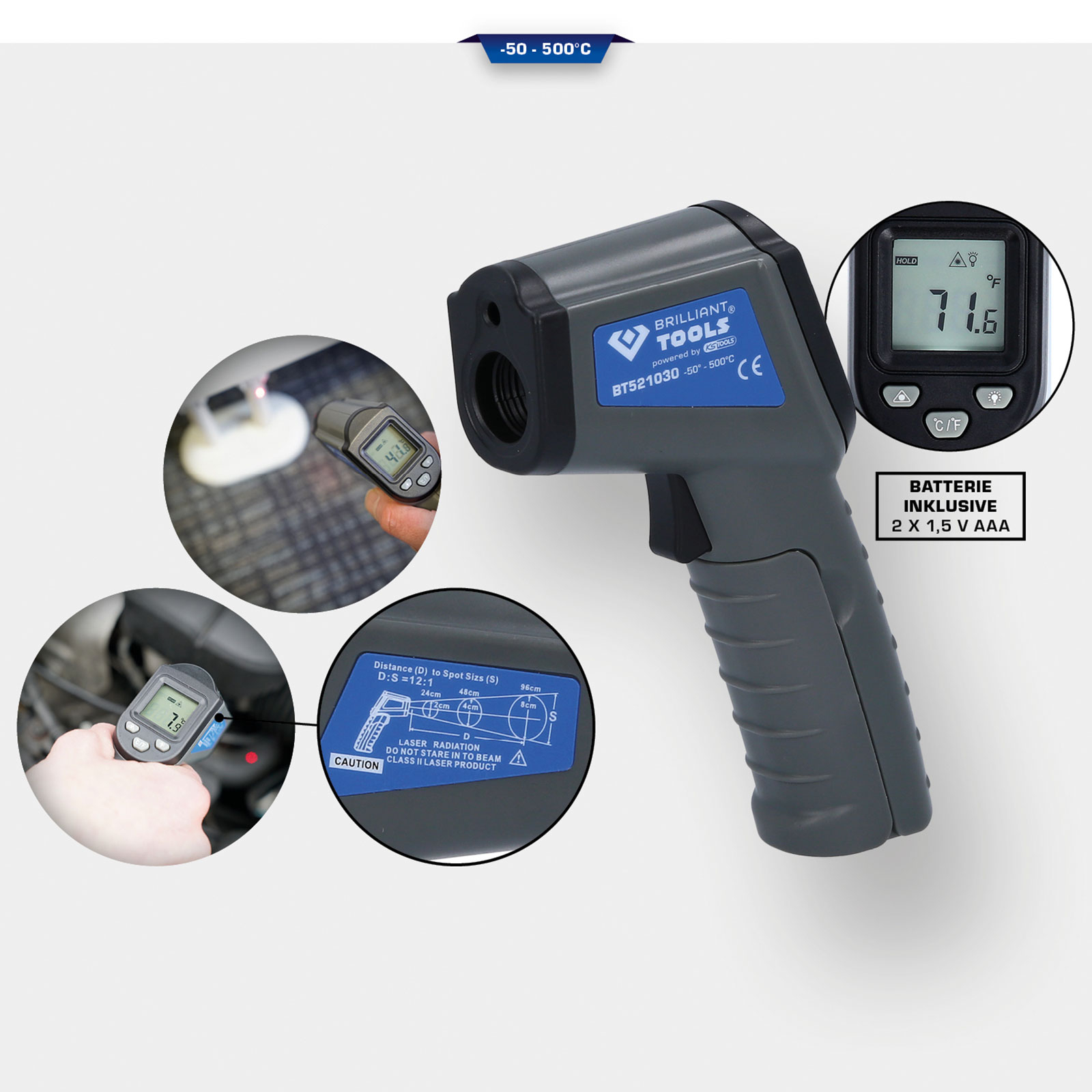 Ein graues Infrarot-Thermometer. Drei eingesetzte Bilder zeigen seine Verwendung. Etikett: Brilliant Tools, BT521030. Zeigt die Temperatur an.