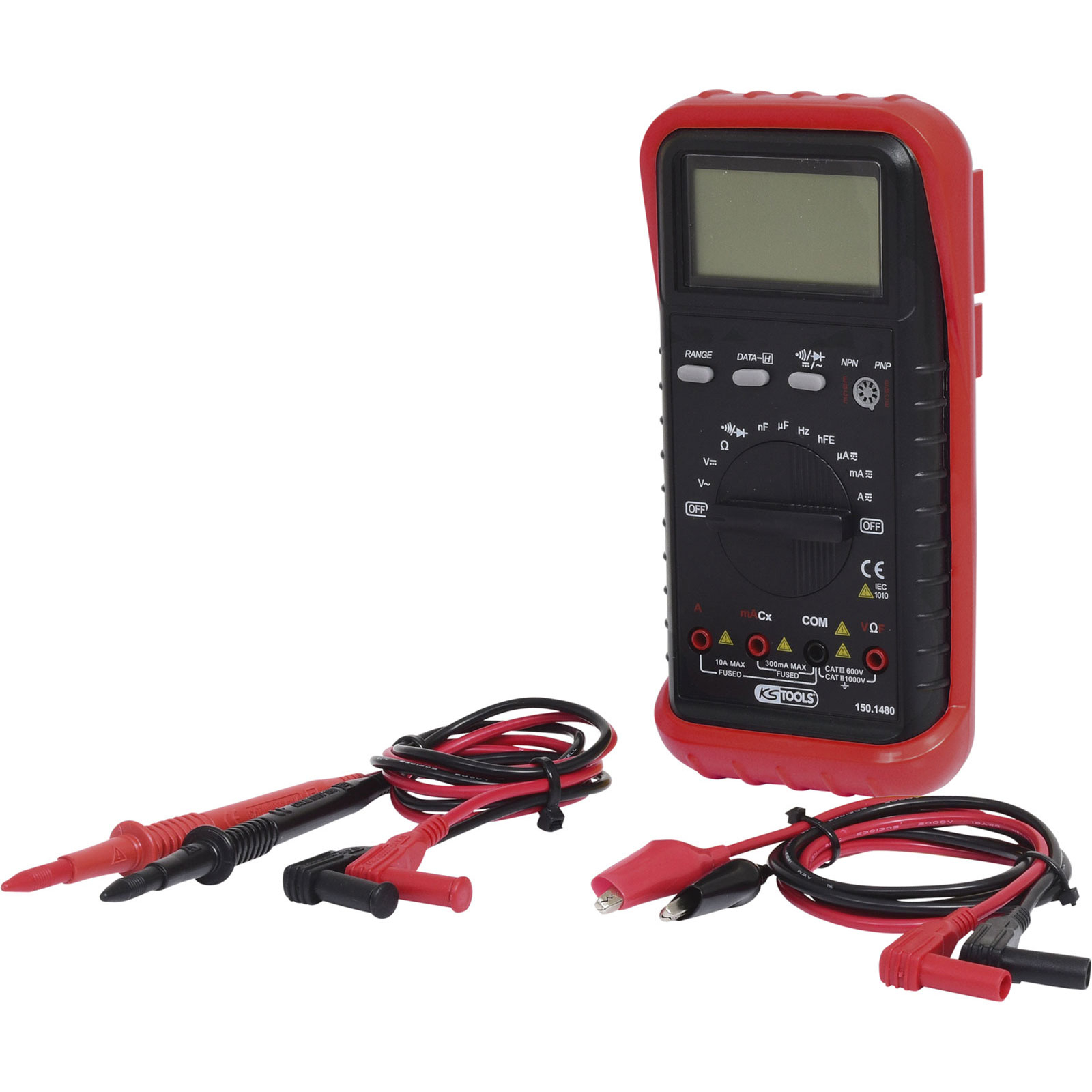 Ein rotes und schwarzes Multimeter mit Sonden und Kabeln. Es hat eine Digitalanzeige und Tasten, die für elektrische Messungen verwendet werden.