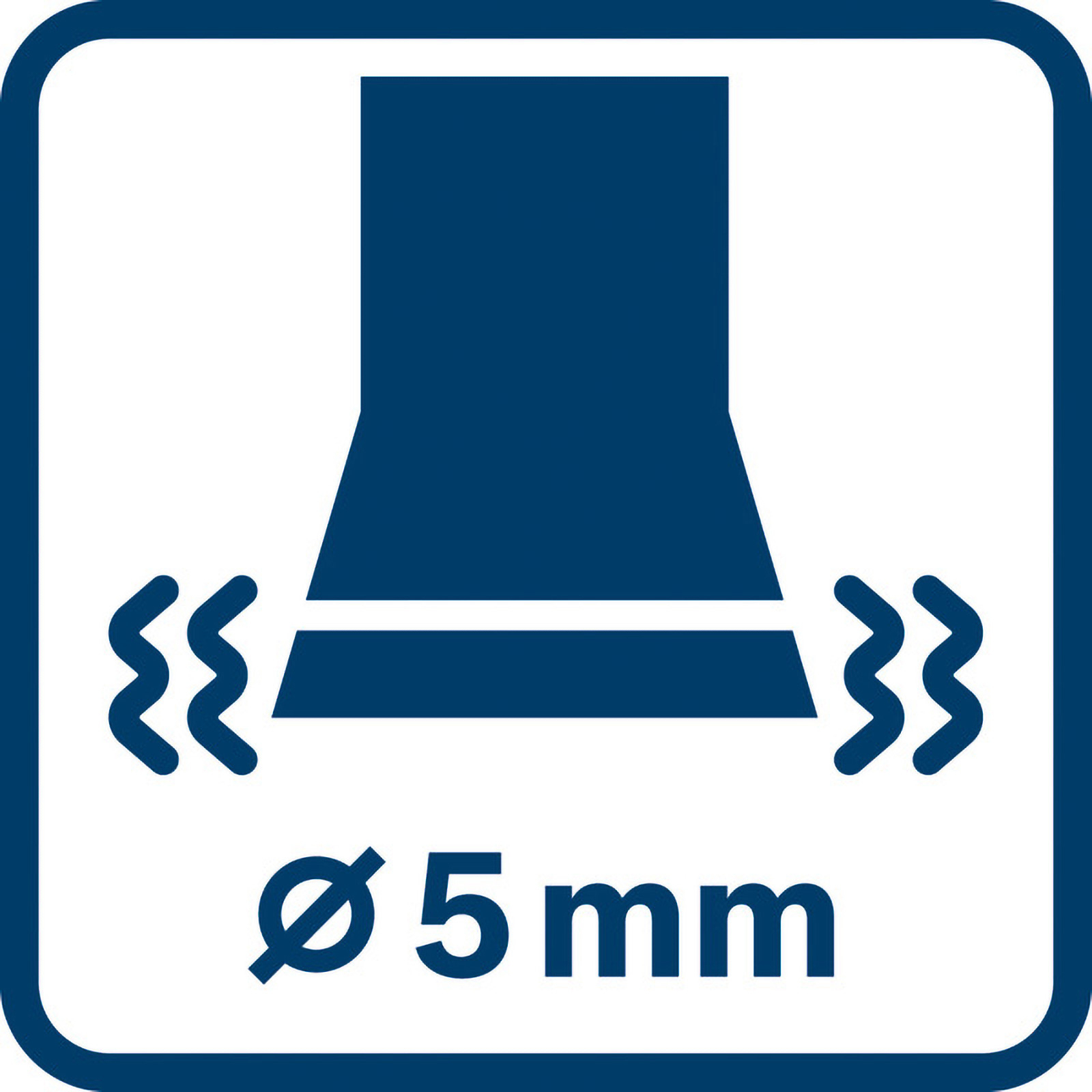 Ein blaues Quadrat mit weißem Innenraum und einem blauen Diagramm. Es zeigt eine Lüfterform, Wellenlinien und 'Ø 5 mm'.