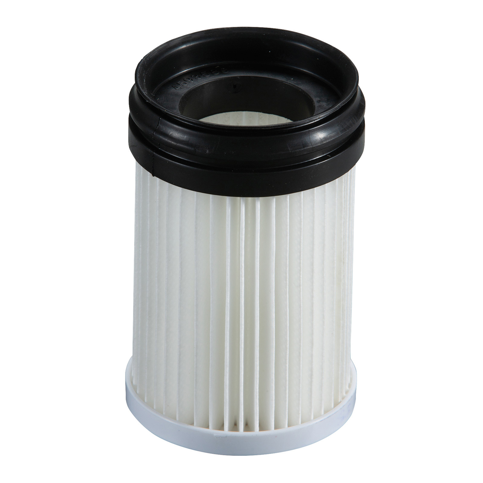Ein zylindrischer Staubsaugerfilter. Er hat einen weißen, plissierten Filter und eine schwarze Ober- und Unterseite.