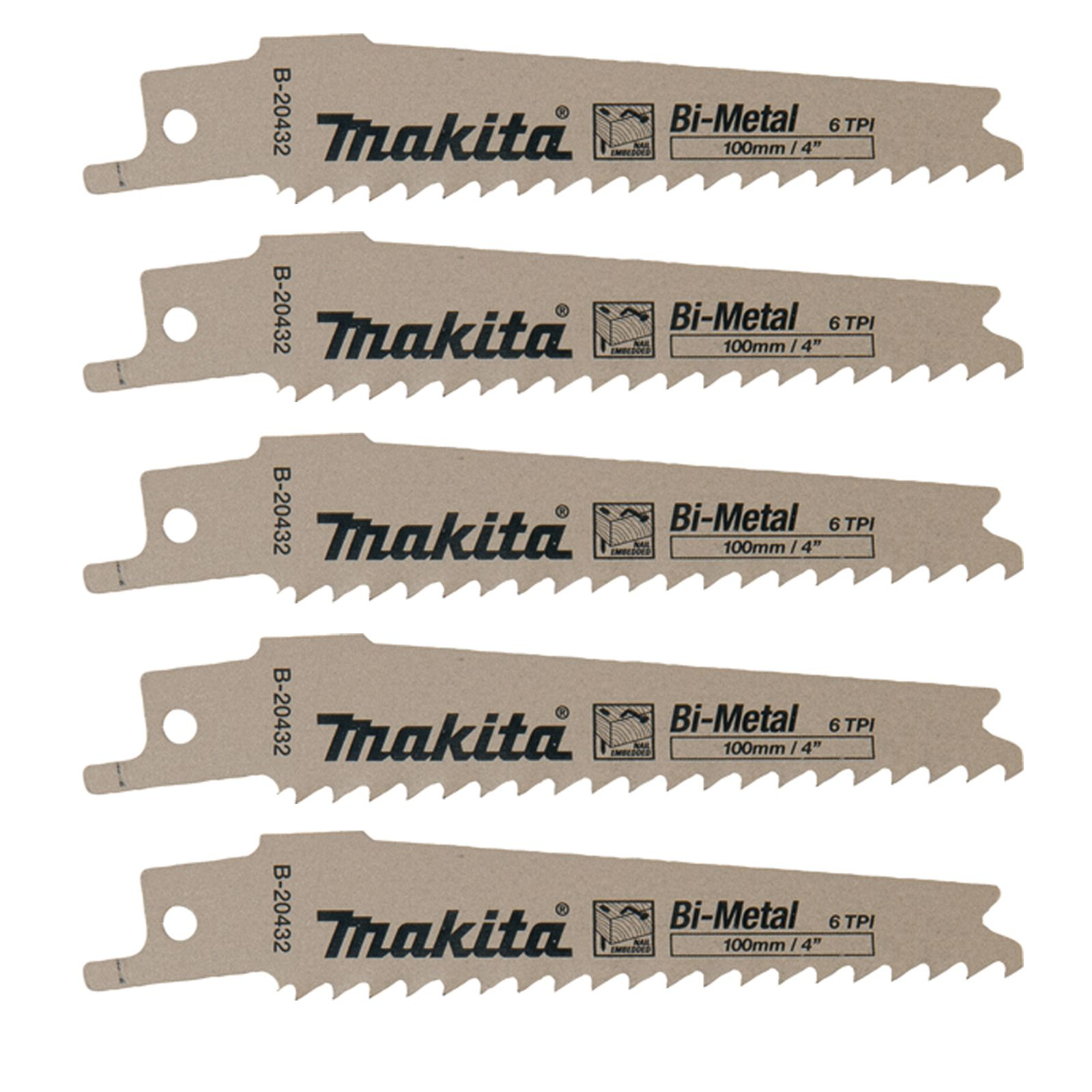 Fünf Sägeblätter mit gezackten Kanten. Jedes hat das Makita-Logo und den Text 'Bi-Metal'. Die Klingen sind mit 'B-20432' gekennzeichnet.