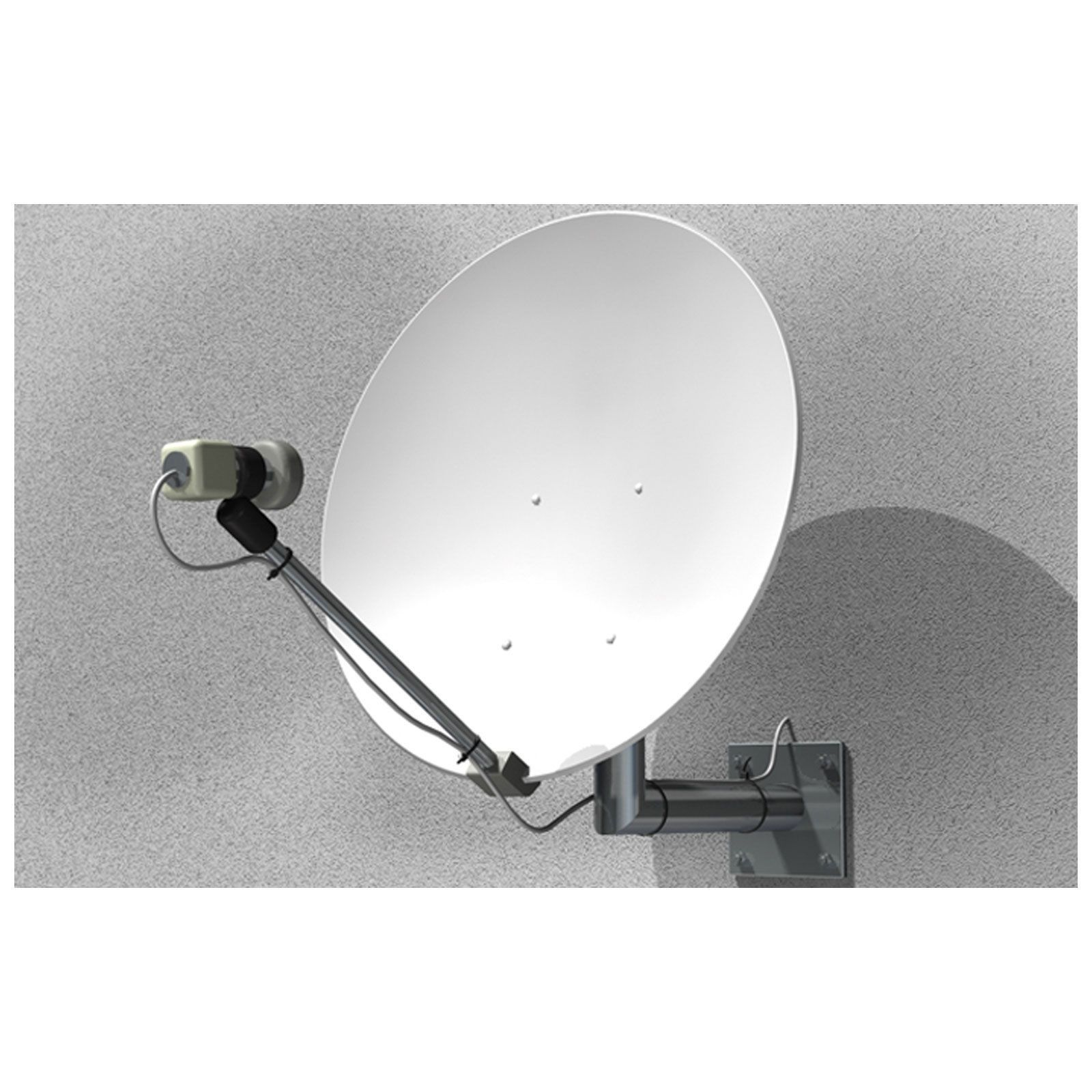 Eine weiße Satellitenschüssel ist an einer grauen Wand befestigt. Sie hat einen Empfänger und ist leicht nach unten geneigt.