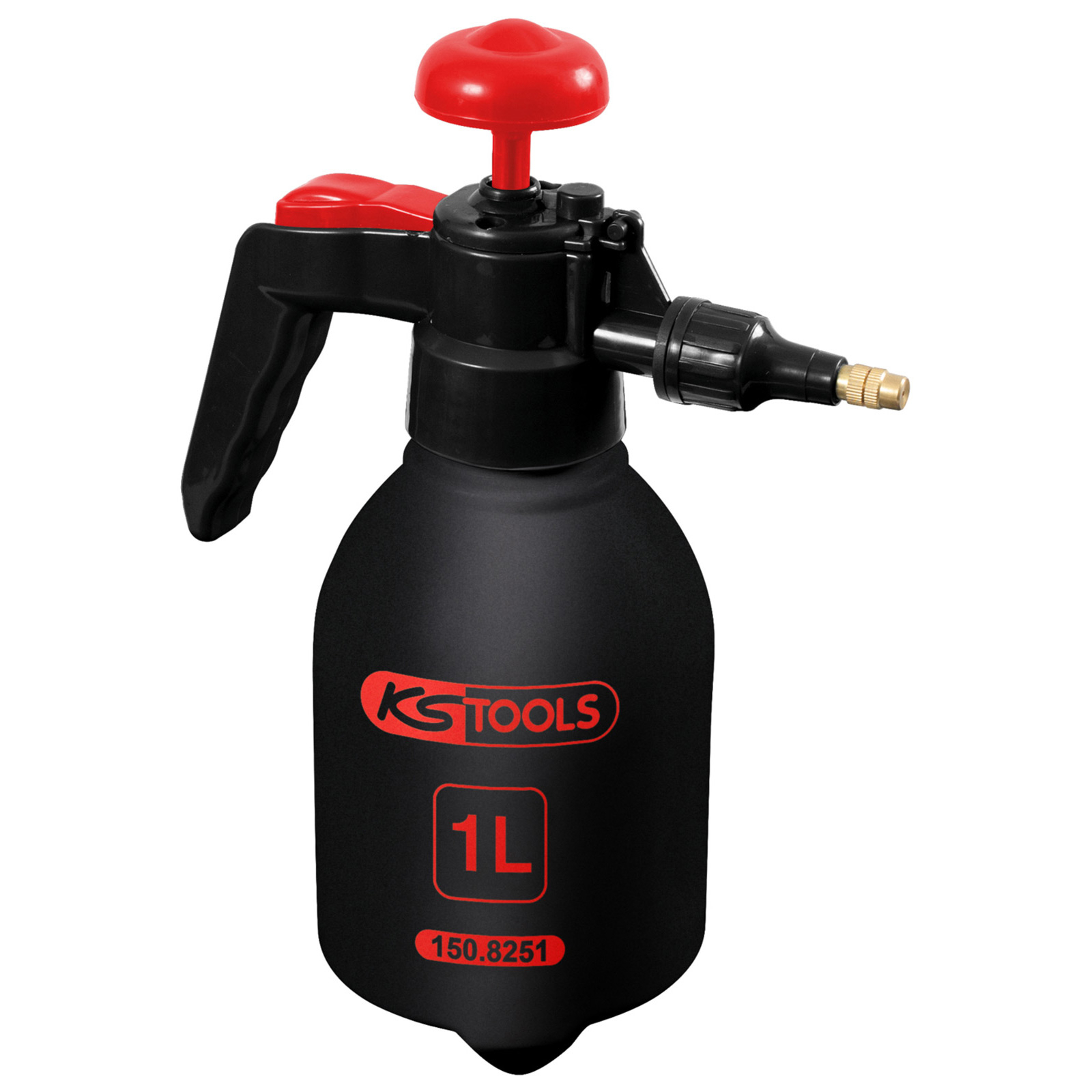 Schwarzer und roter KS TOOLS 1L Sprüher. Er hat einen roten Griff, eine Düse und einen Pumpenkopf. Die Flasche hat ein rotes Logo und Text.