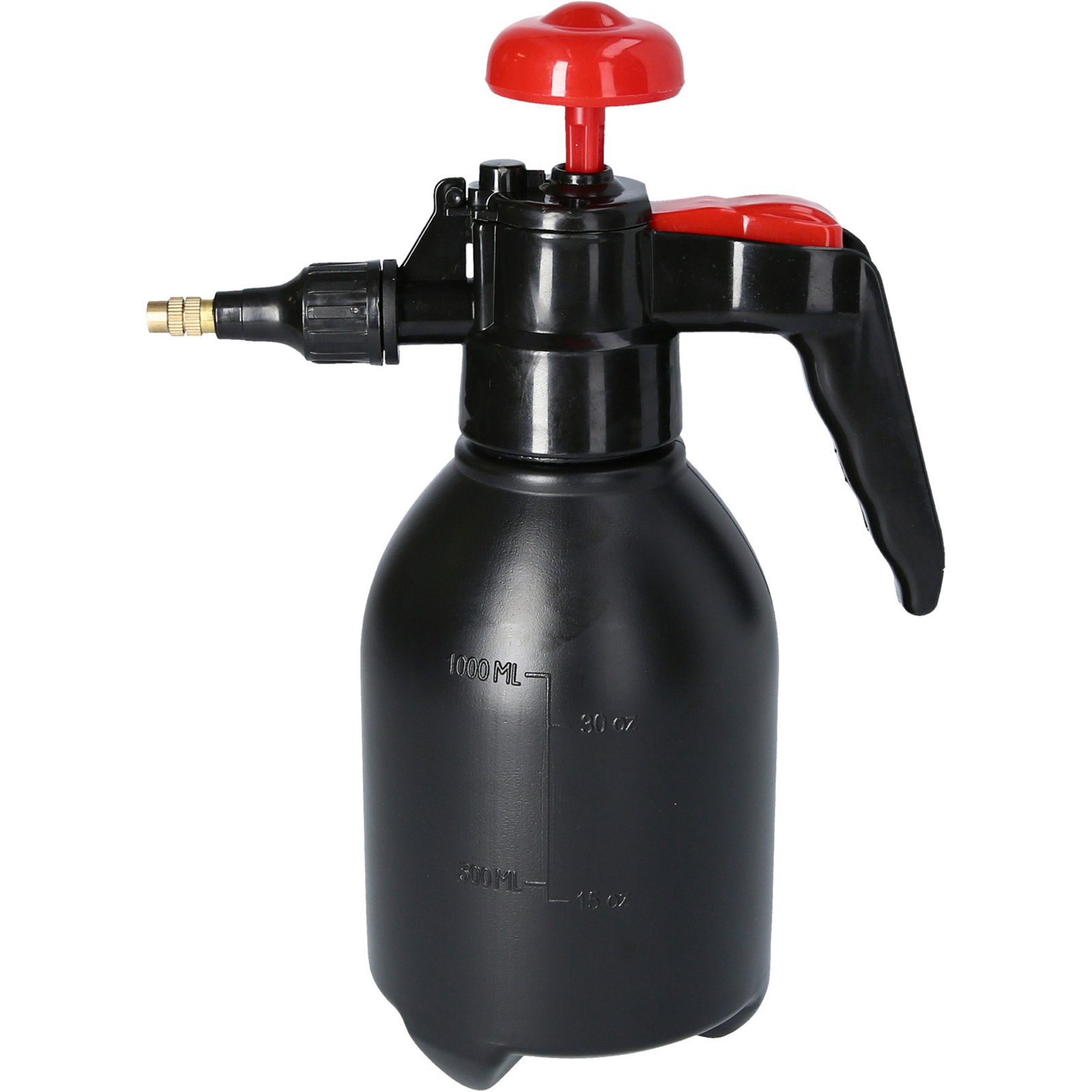 Eine schwarz-rote Pumpsprühflasche mit roter Oberseite. Es hat eine schwarze Flasche mit Messmarkierungen.