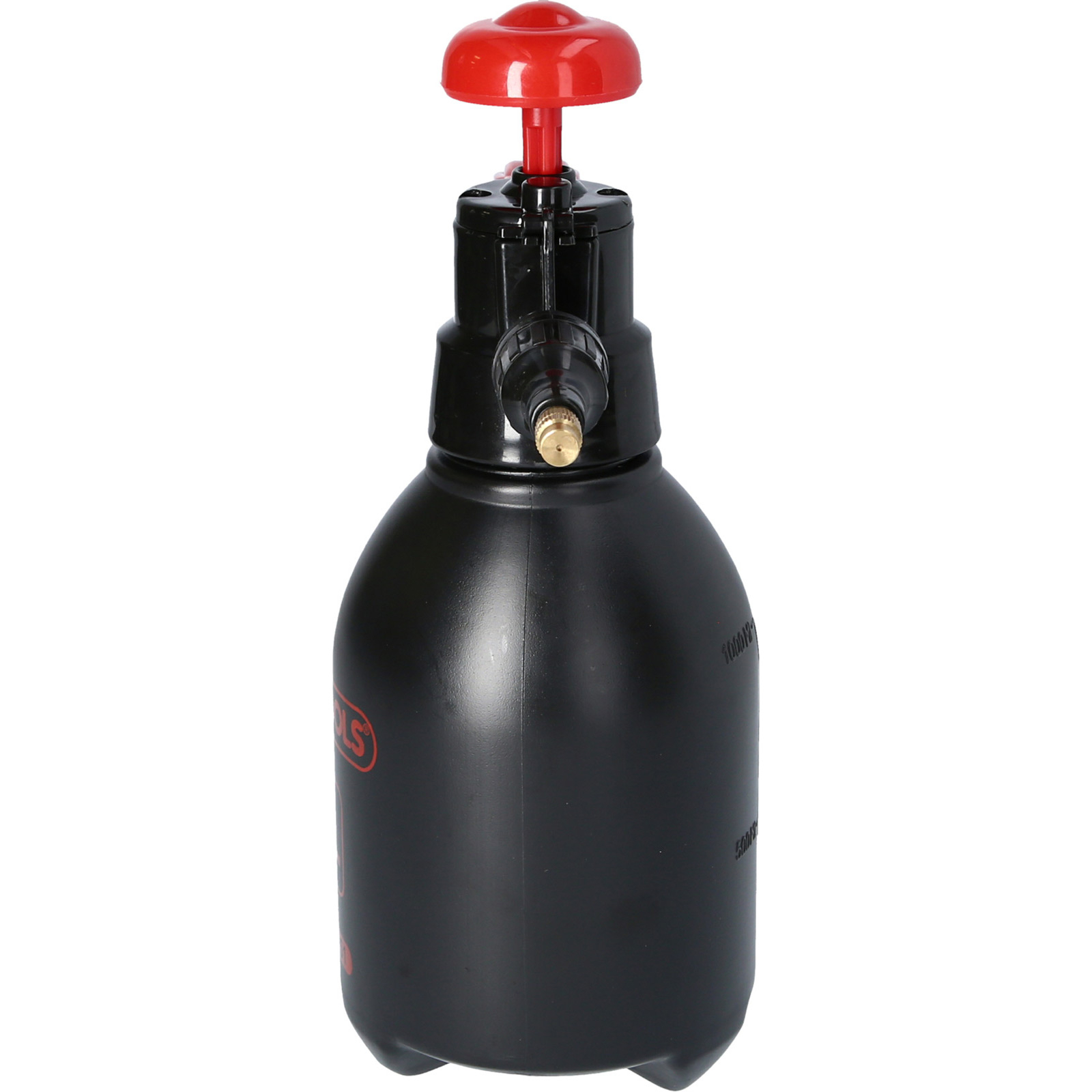 Schwarzer Pumpsprüher mit rotem Deckel, Düse und rotem Logo auf weißem Hintergrund.