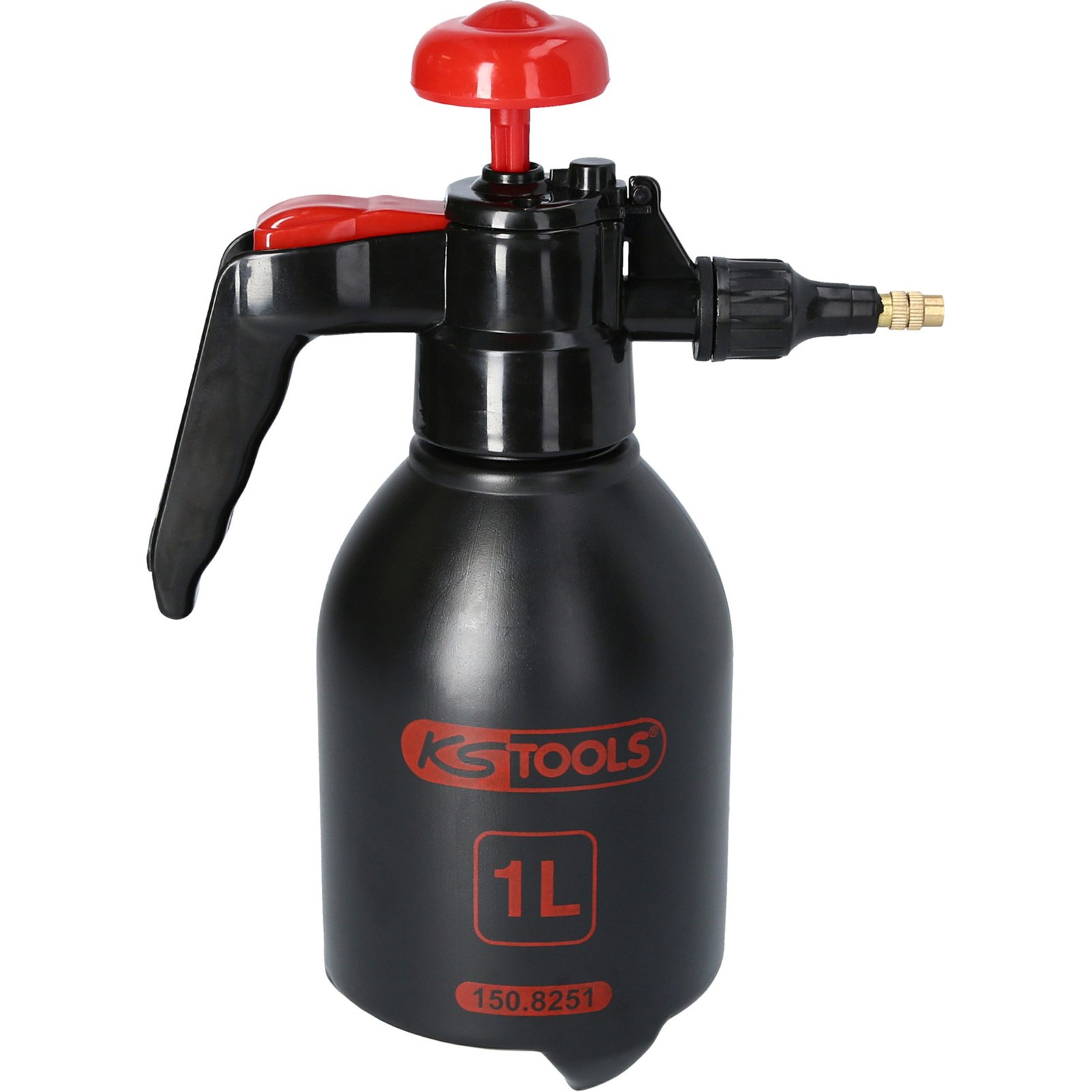 Schwarzer und roter KS TOOLS 1L-Sprayer. Hat eine schwarze Flasche, einen roten Griff und eine Oberseite. Messingdüse. Weißer Hintergrund.