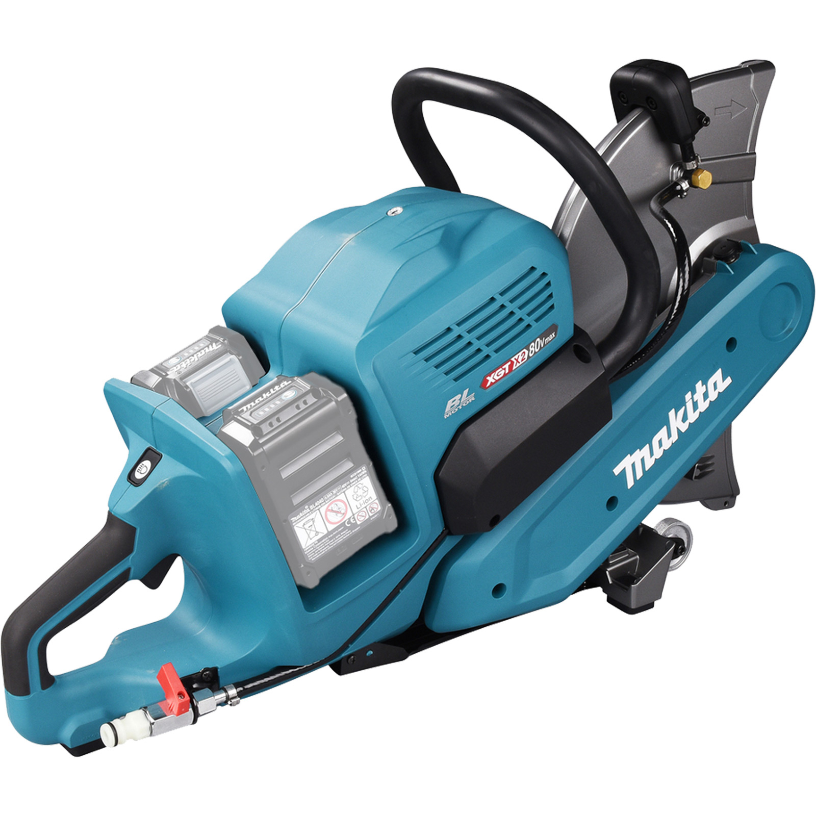 Una sega per calcestruzzo Makita turchese. Ha due batterie, un'impugnatura nera e una protezione per lama argentata. Il logo Makita è visibile.