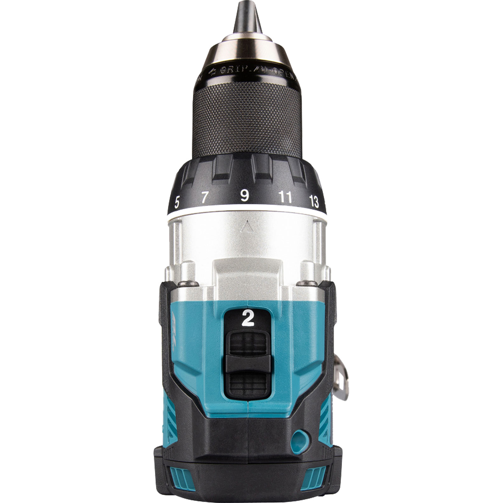 Turkusowo-czarna wiertarka, na górze liczby 5-13, ze srebrnym i czarnym wiertłem.