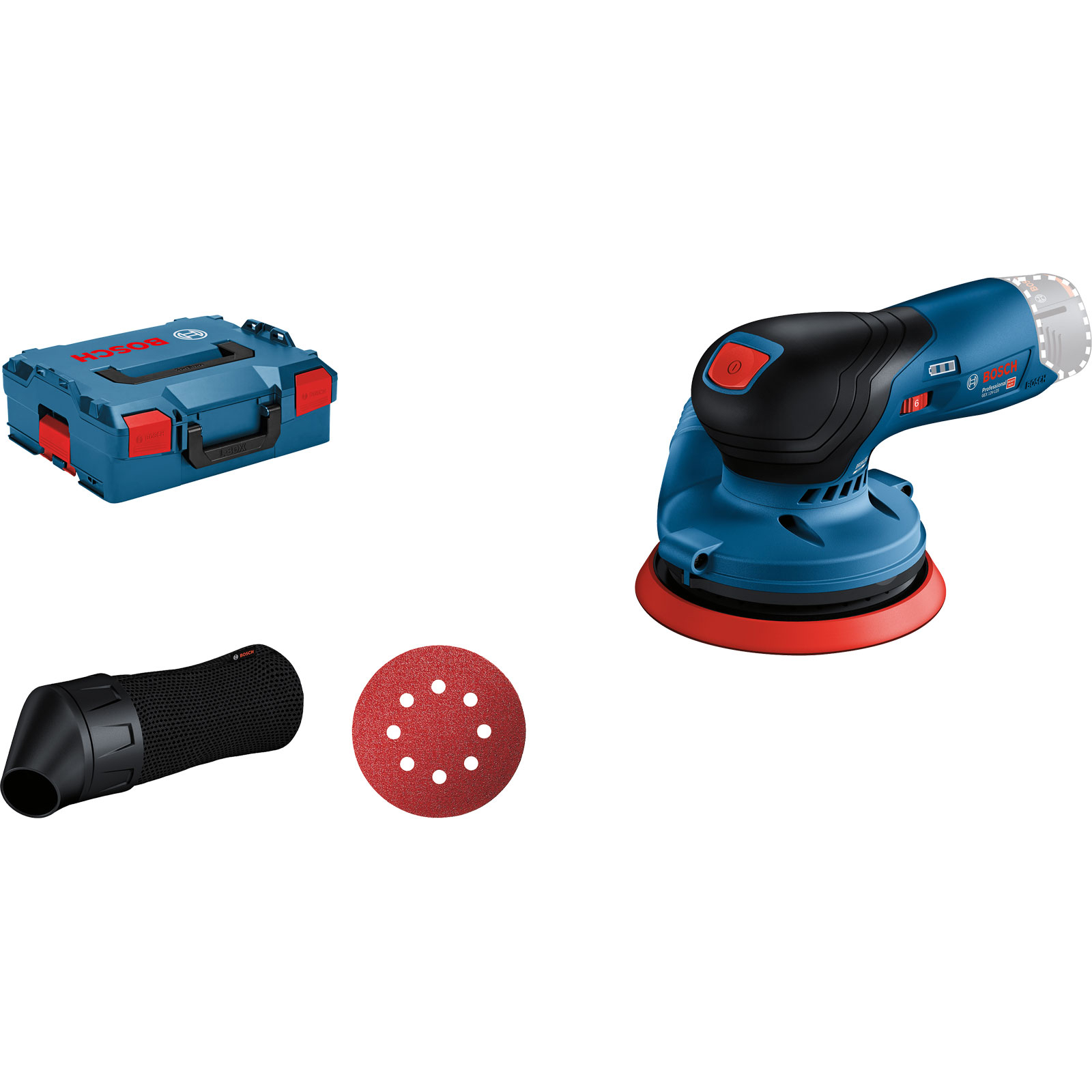 Image d'une ponceuse Bosch bleue et noire, un tampon de ponçage rouge, une poignée noire et une boîte à outils bleue.