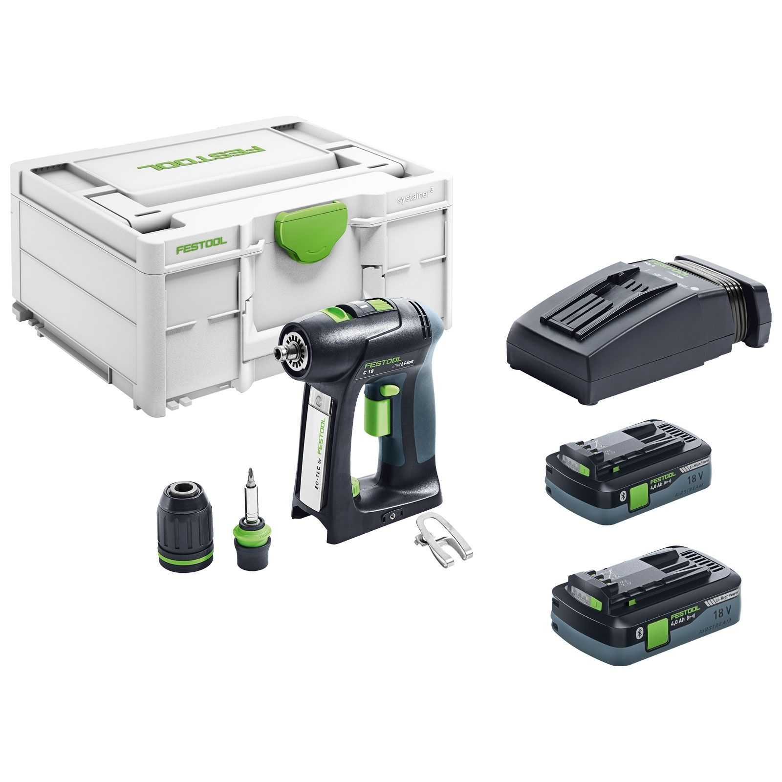 Ein Festool Akku-Bohrmaschinen-Set. Enthält einen weißen Koffer, Bohrmaschine, Ladegerät, zwei Akkus und Bohrer. Schwarz und grün.