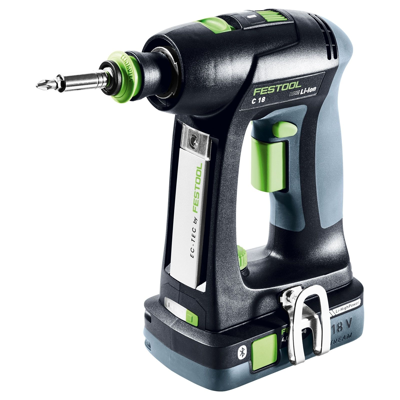Ein schwarzer und grauer Festool C 18 Akku-Bohrschrauber. Es hat grüne Akzente und einen silbernen Bohrer.