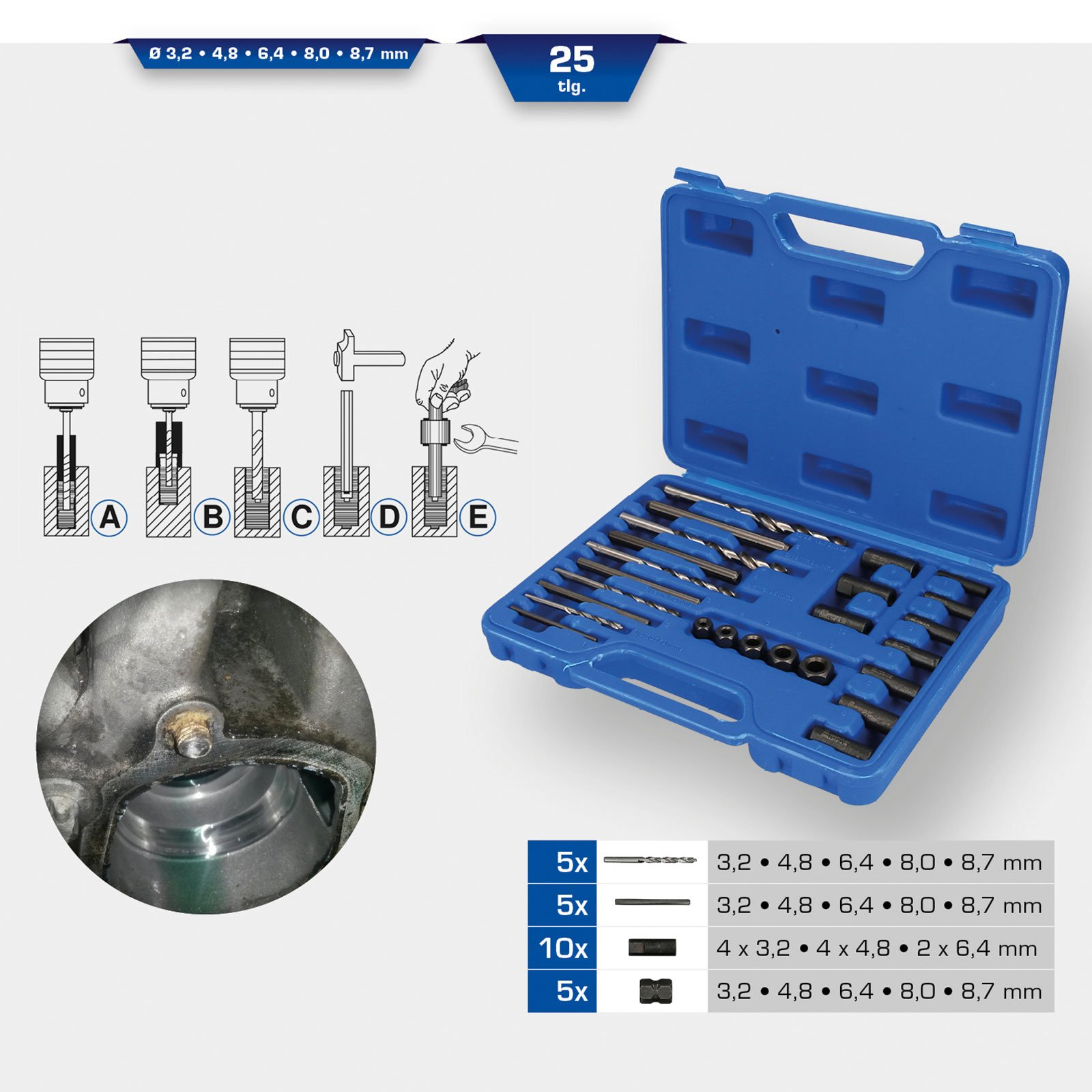Ein blauer Werkzeugkoffer mit verschiedenen Bohrern und Ausziehern. Diagramme zeigen die Extraktionsschritte. Auch ein Motorteil wird gezeigt.
