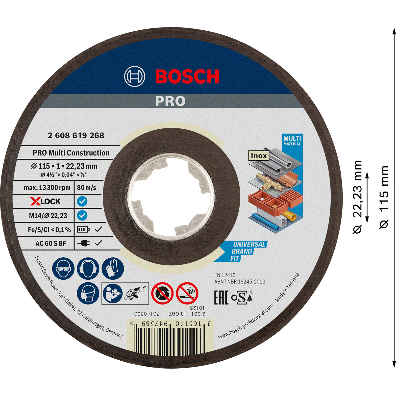 Un disco abrasivo circolare Bosch Pro con dettagli del prodotto. Ha un bordo esterno scuro e un foro centrale. Il disco include dettagli tecnici.