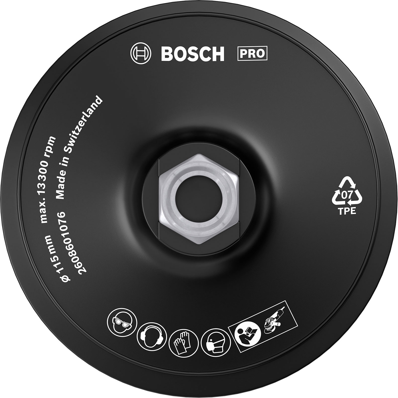 Schwarze Bosch Pro Schleifscheibe. Merkmale: weißer Text und Symbole. Silberne zentrale Mutter. Hergestellt in der Schweiz. TPE-Recyclinglogo.