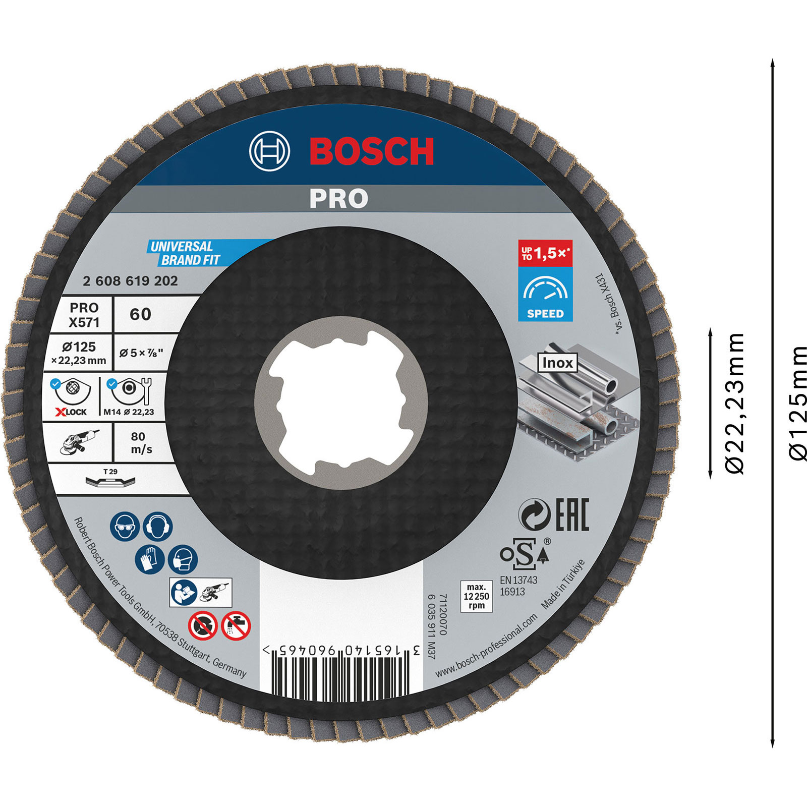 Een cirkelvormige Bosch Pro slijpschijf. Het heeft een zwart midden en een grijze schuurrand, met productinfo en afmetingen.