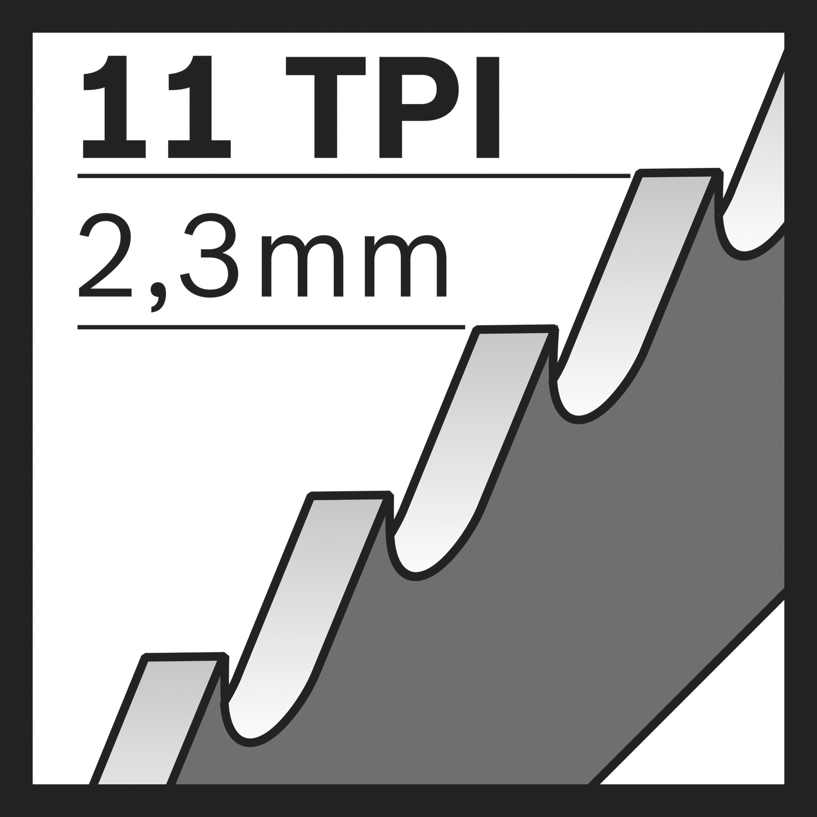 Immagine in bianco e nero con testo '11 TPI 2,3mm'. Denti di sega ombreggiati in grigio su sfondo bianco.