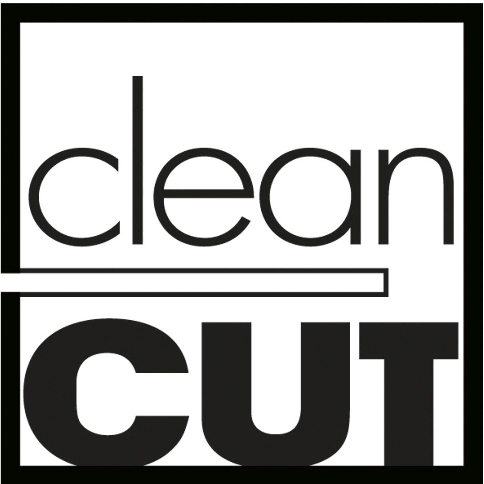 Logo z napisem 'clean cut' czarną czcionką na białym tle, obramowane czarną ramką.