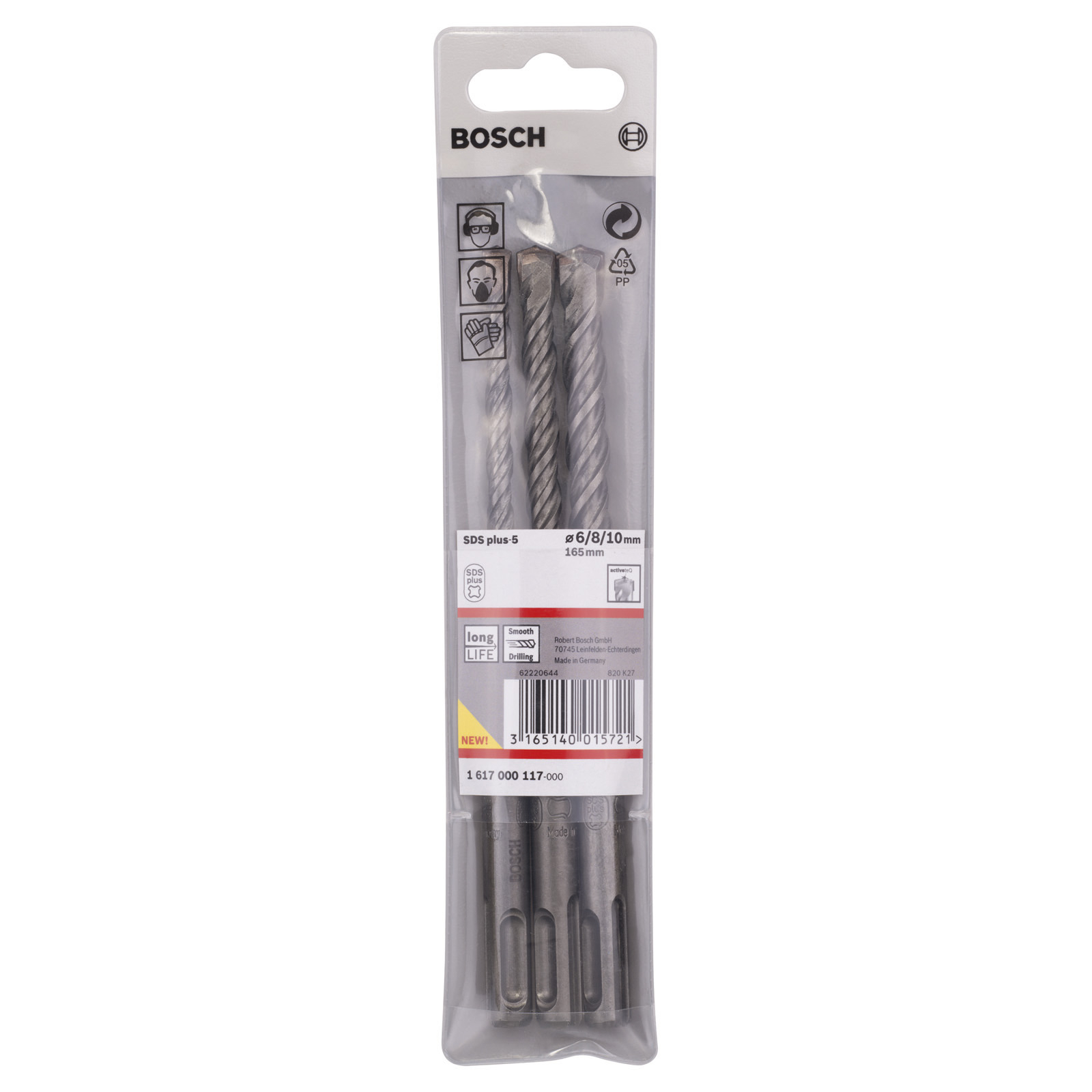 Eine Packung Bosch SDS plus-5 Bohrer. Die Packung hat Text und Symbole. Die Bohrer sind in der Packung sichtbar.