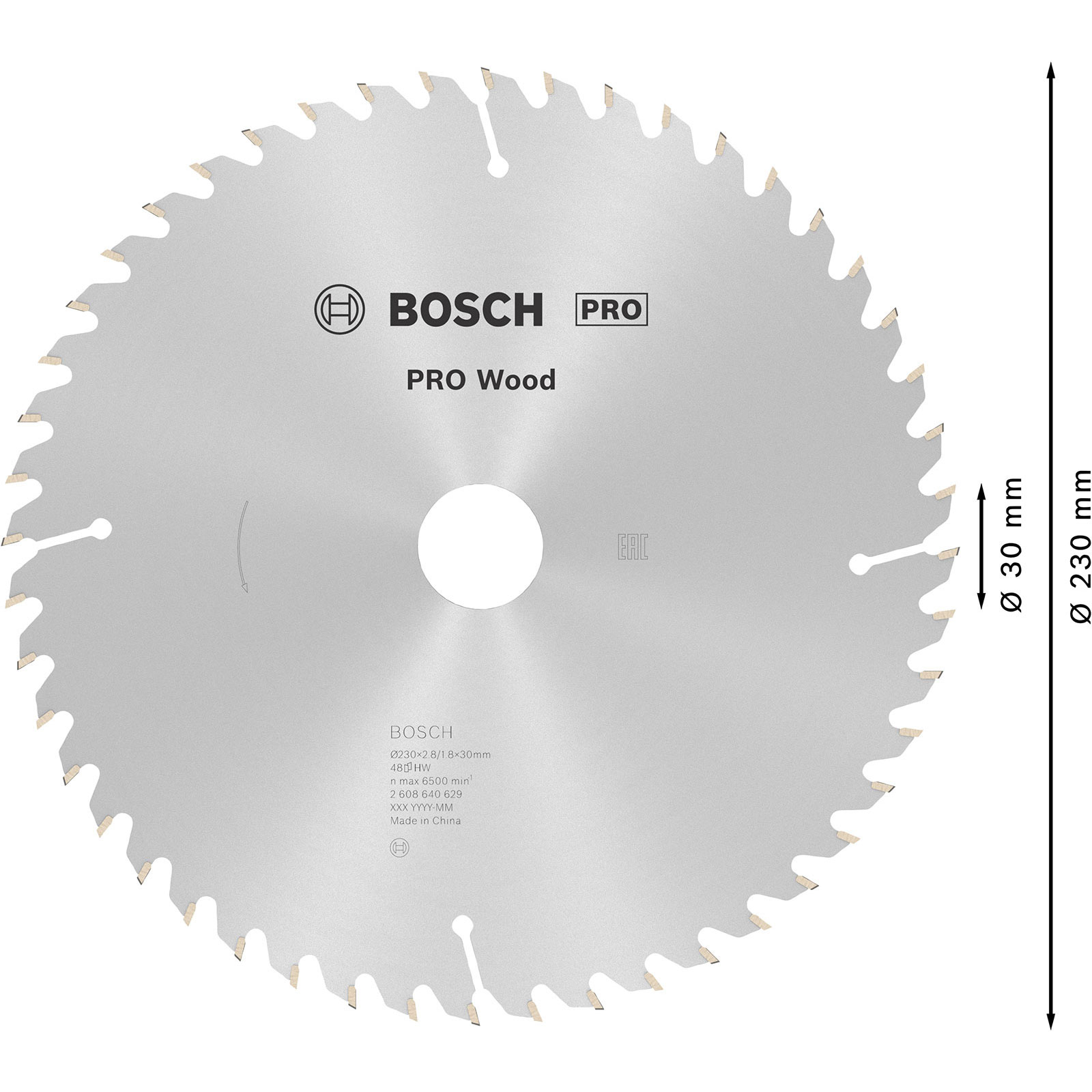 Una lama per sega circolare con denti. È argentata con testo nero. Il logo Bosch è visibile.