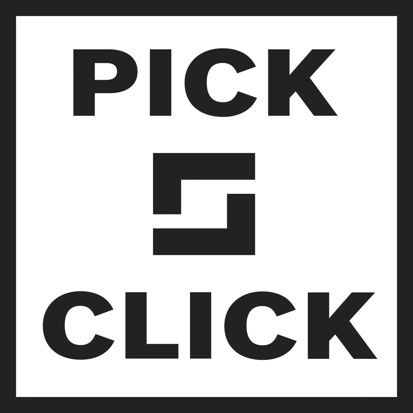 Schwarz-weißes Logo mit den Wörtern PICK und CLICK, getrennt durch ein quadratisches grafisches Element.