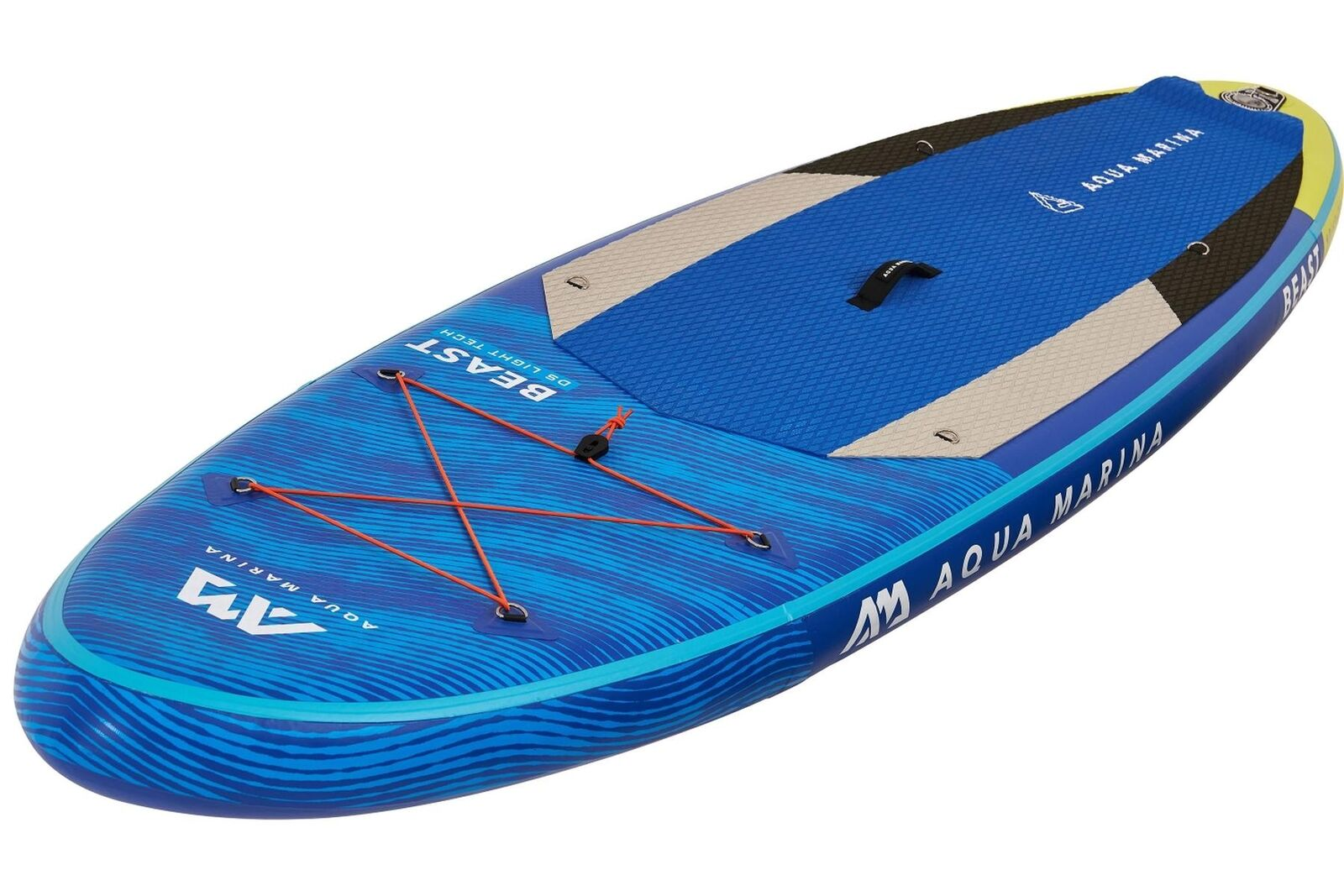 Blaues und aqua Stand-Up-Paddleboard mit orangen Seilen. Es hat die Wörter BEAST und Aqua Marina darauf.