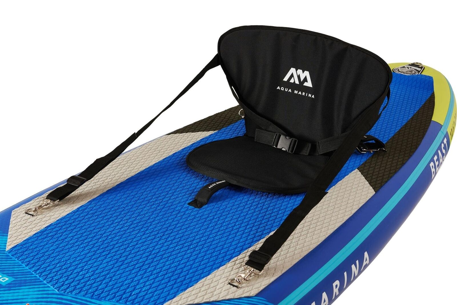 Ein Aqua Marina Paddleboard mit einem schwarzen Sitz. Das Board ist blau und gelb. Der Sitz hat das Aqua Marina Logo.