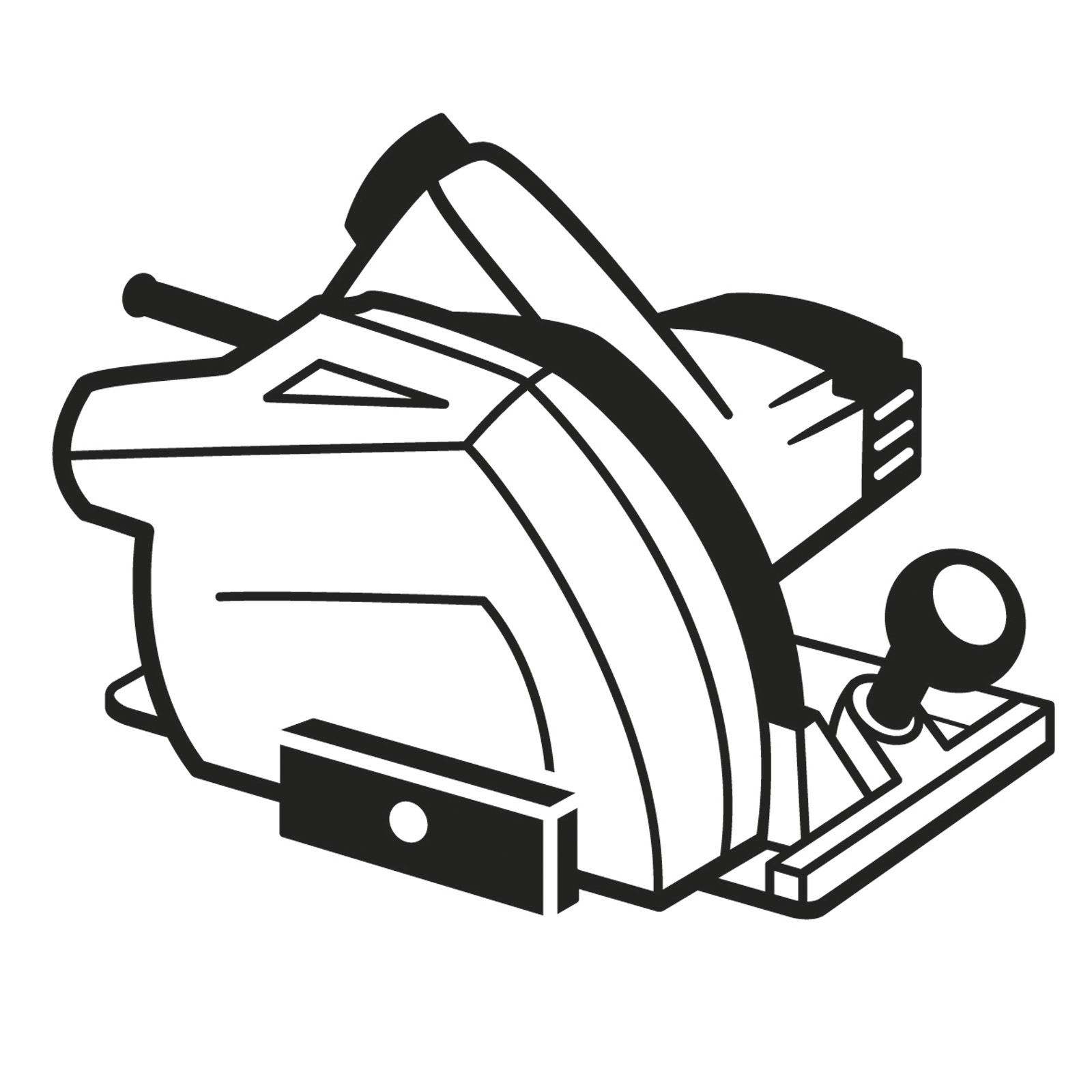 Schwarz-Weiß-Illustration einer Kreissäge. Sie hat einen Klingenschutz, einen Griff und eine Basis. Die Säge ist angewinkelt.