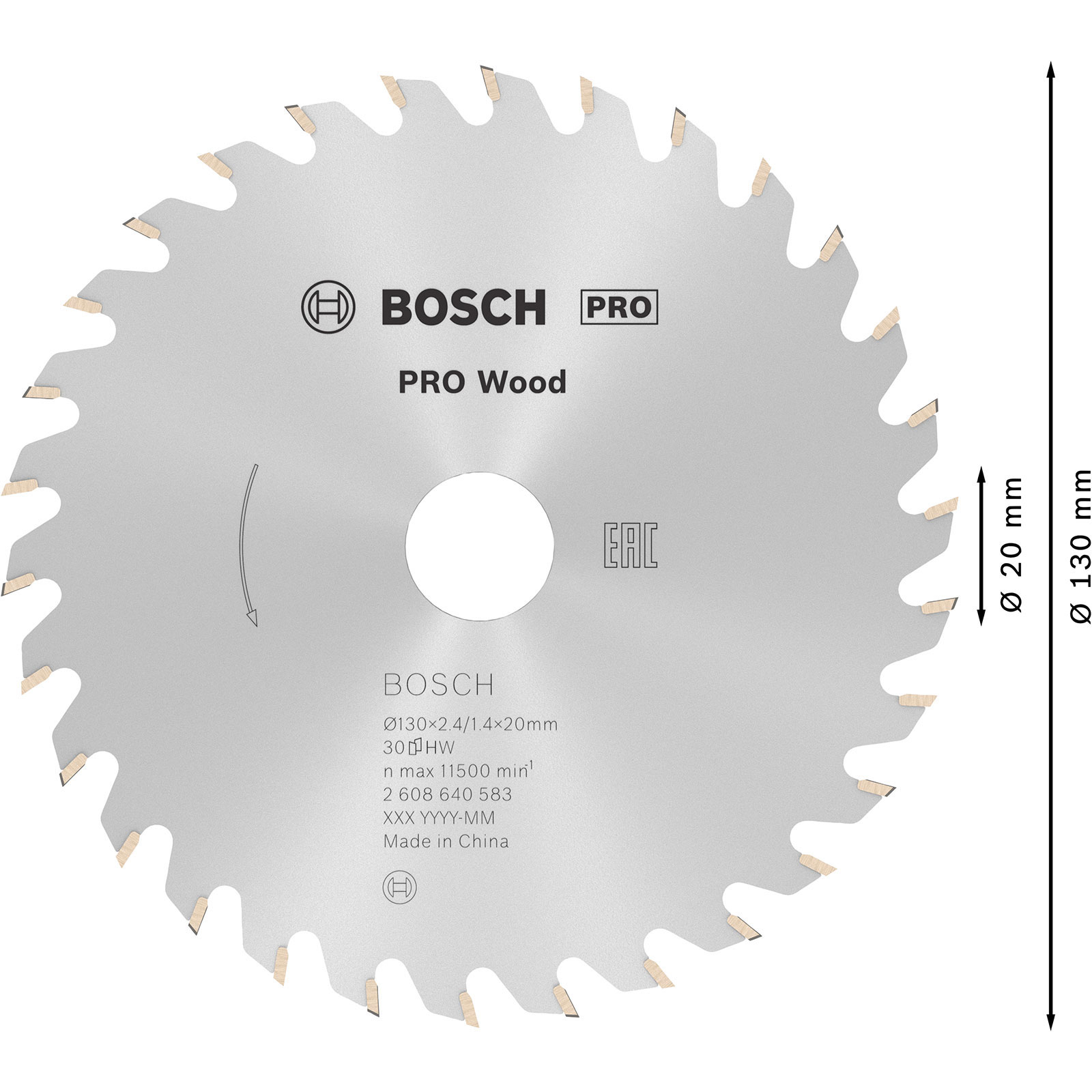 Una lama per sega circolare. Colore argento con denti sul bordo. Ha il logo Bosch e dettagli del prodotto stampati.