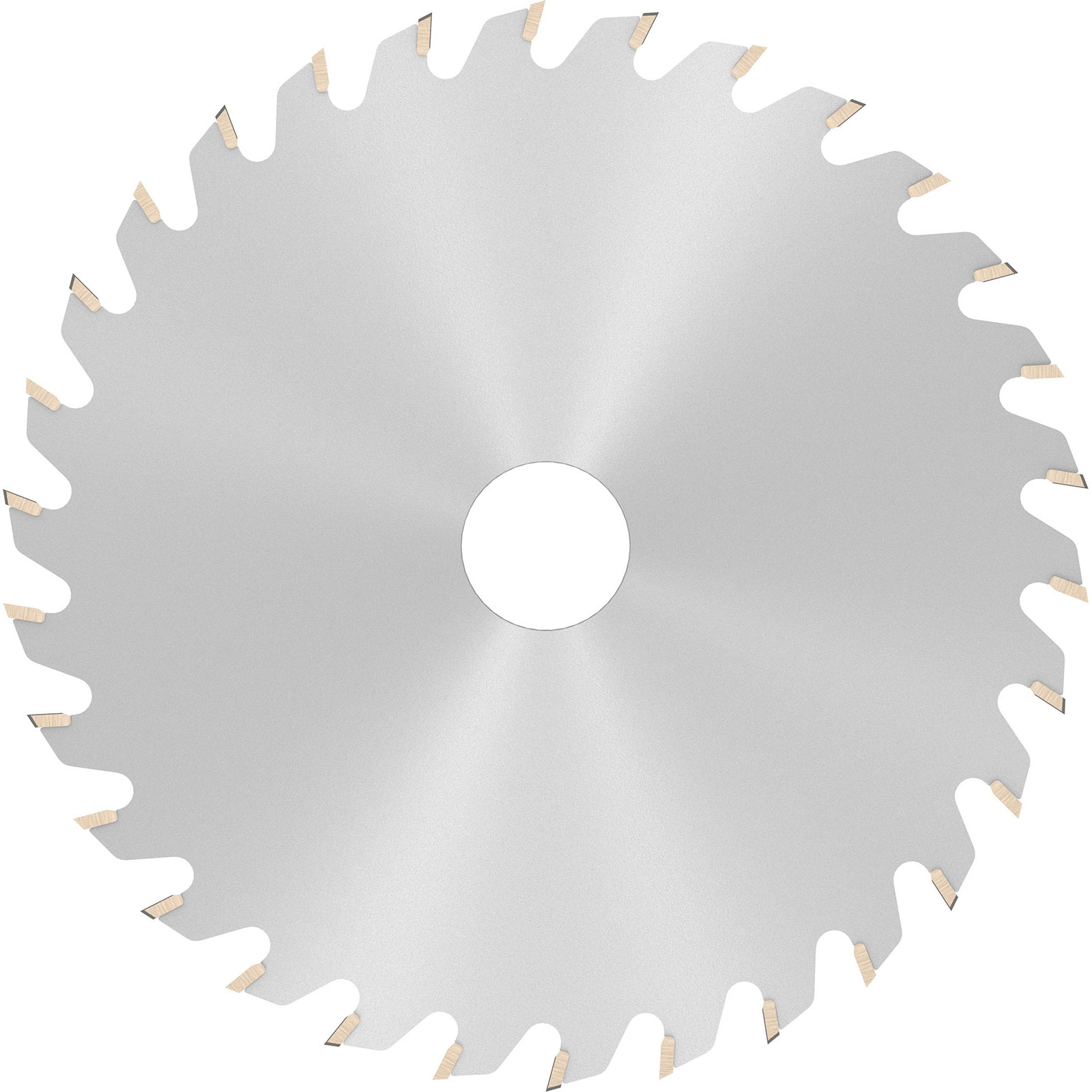 Una lama per sega circolare, di colore argento, con denti affilati e un foro centrale. I denti sono rivestiti di materiale beige.