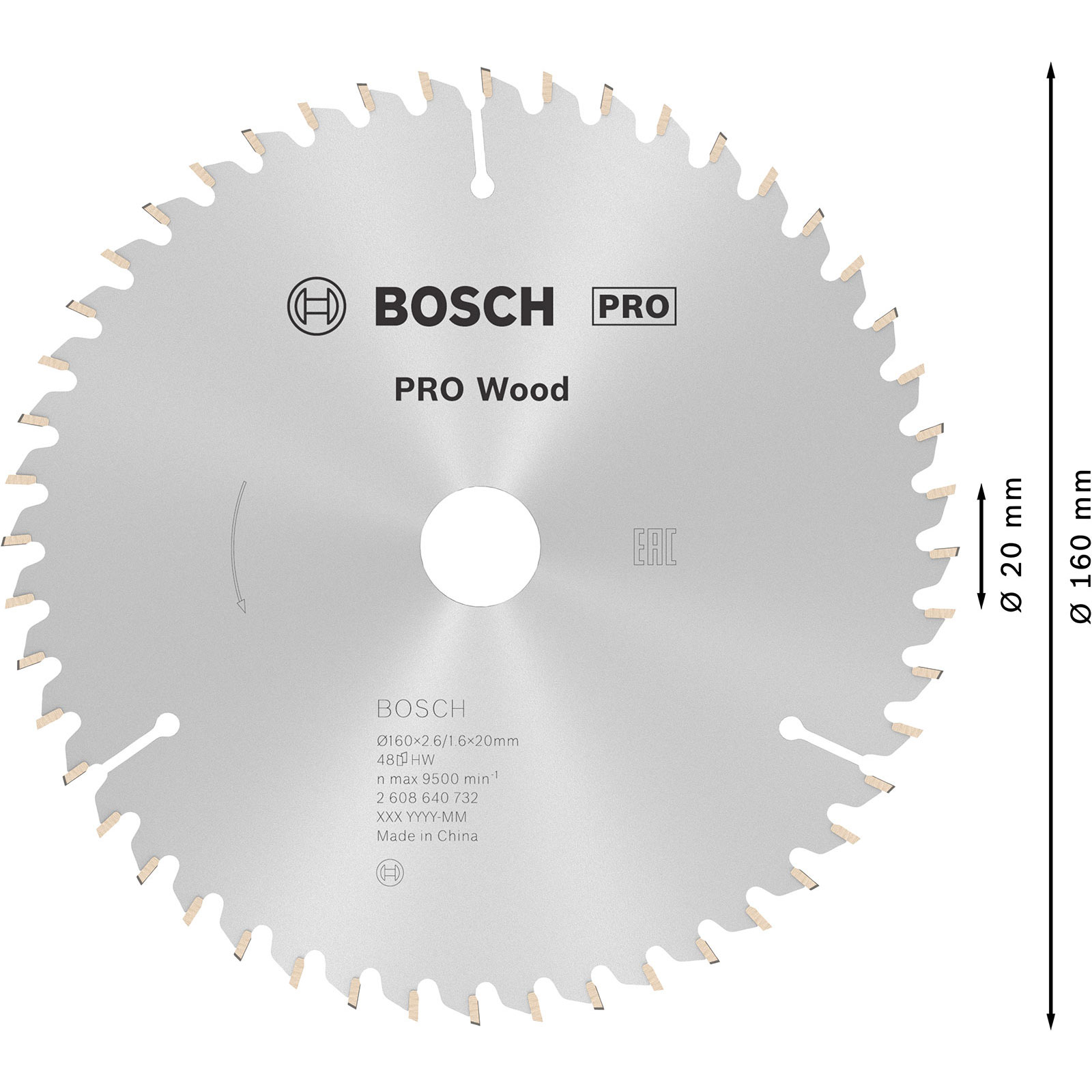 Ein Kreissägeblatt mit der Aufschrift 'BOSCH PRO Wood', Abmessungen und Zähnen. Eine schwarze Linie zeigt den Durchmesser an.
