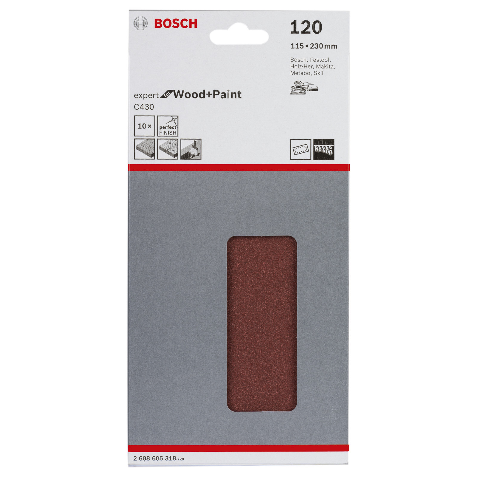 Bosch Expert Wood+Paint Schleifpapierpackung. Grau und rot. Text und Symbole sind sichtbar. Für Holz- und Farbanwendungen.