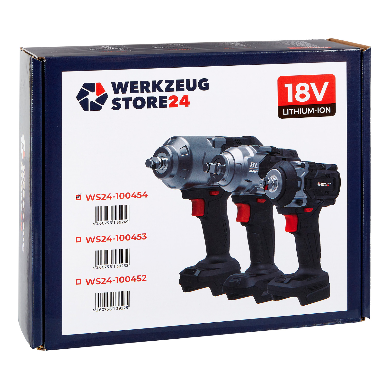 Karton mit drei Akku-Schlagschraubern. Die Box hat das Logo 'WERKZEUG STORE24' und die Aufschrift '18V Lithium-Ion'.