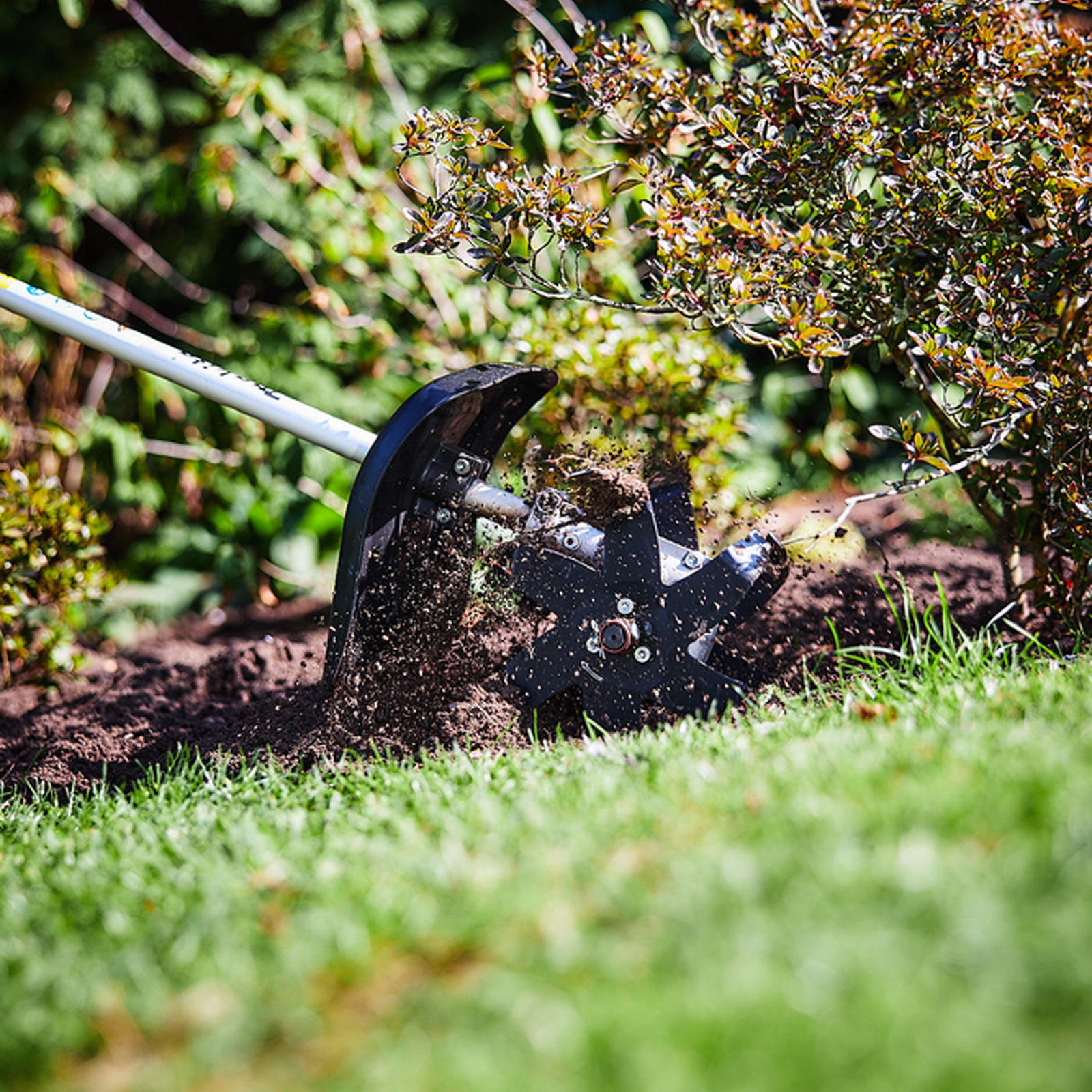 Ein schwarzer Gartenfräser bearbeitet den Boden in der Nähe eines Busches. Erde wird ausgeworfen. Grünes Gras im Vordergrund.
