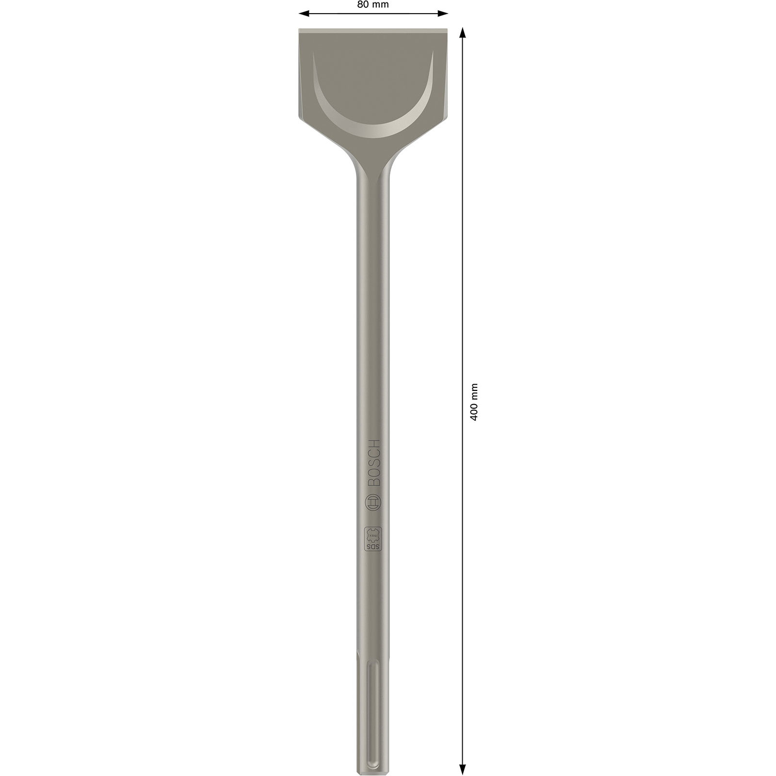 Una punta a scalpello con una lama larga, piatta e curva. È grigio e ha il logo Bosch sull'asta. È lunga 400 mm.