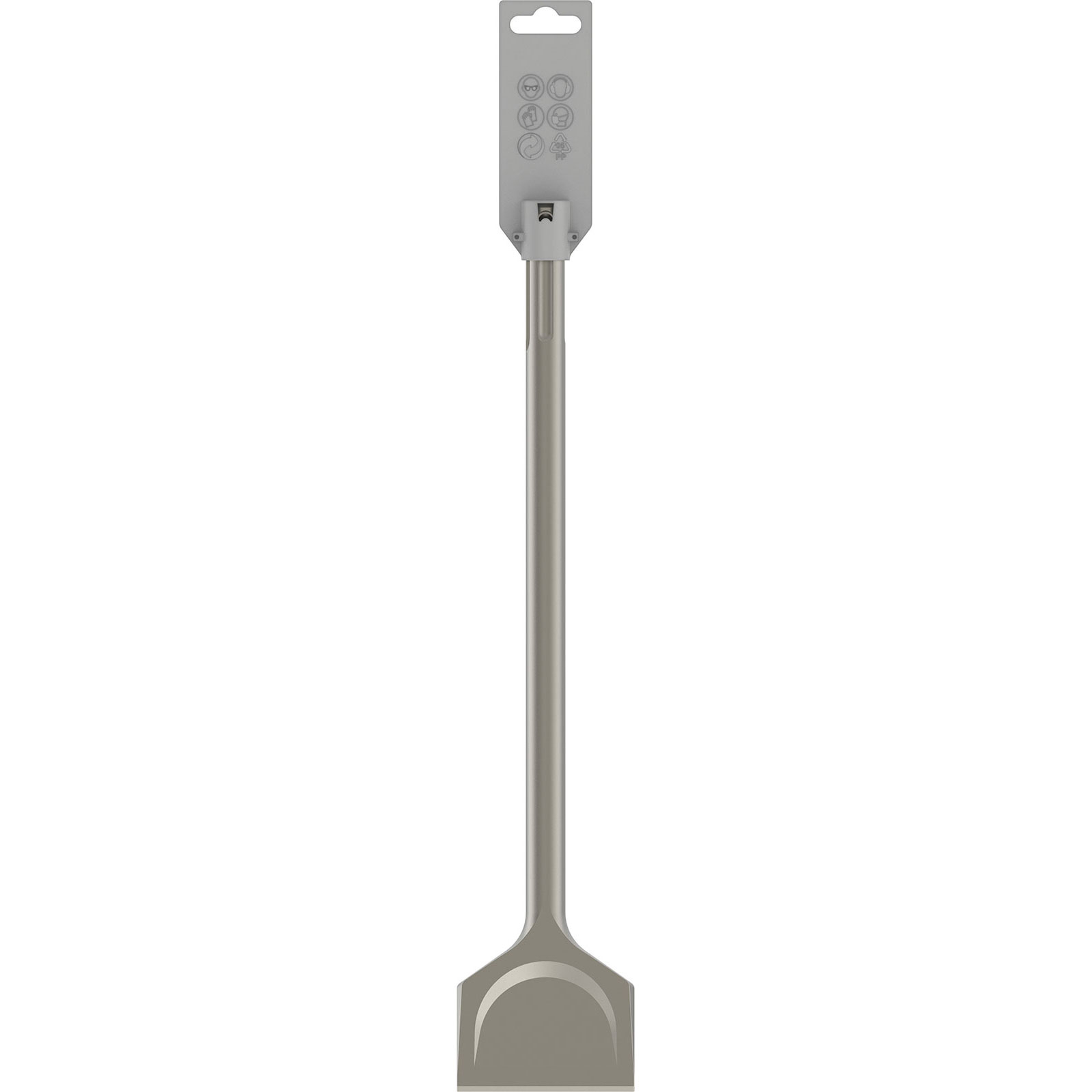Uno scalpello di metallo con un lungo manico e una lama larga e piatta. Ha un gancio di plastica grigia con simboli di sicurezza.