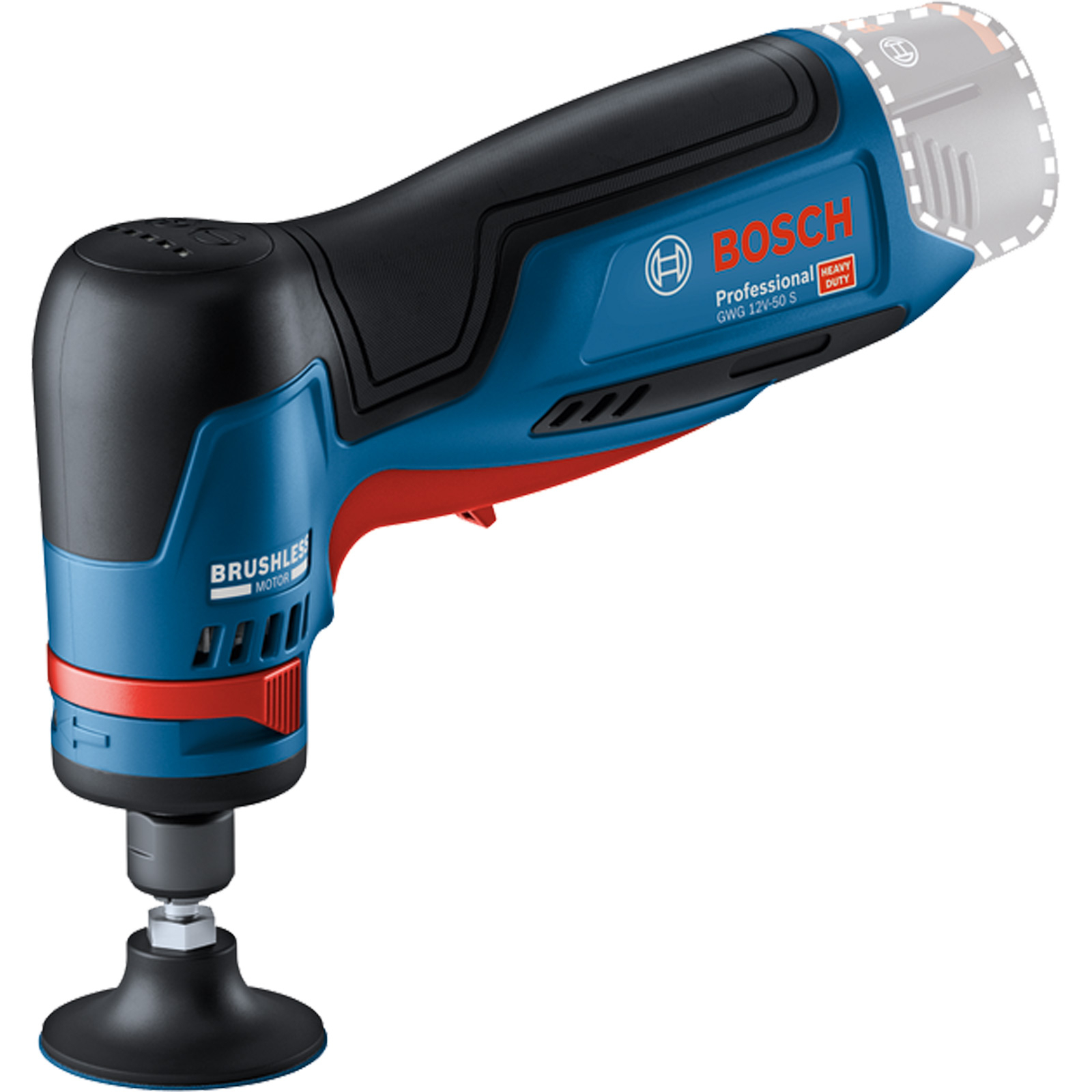 Une ponceuse sans fil Bosch Professional GWG 12V-50 S bleue et noire. Elle a un levier rouge et un tampon de ponçage noir.