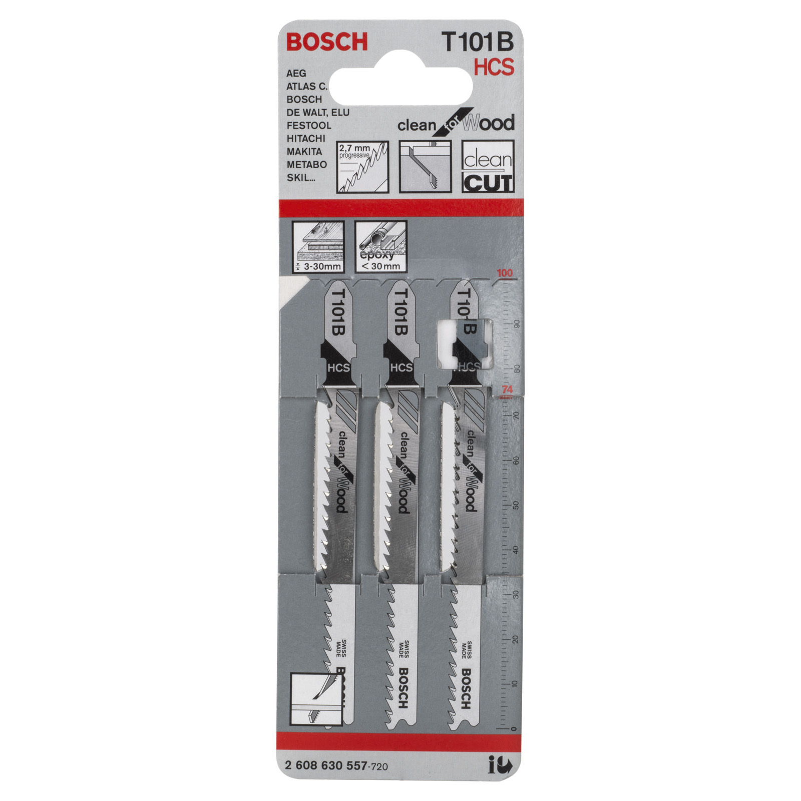 Una confezione di lame per seghetto alternativo Bosch T101B HCS. La confezione mostra lame e informazioni. Le lame servono per tagliare il legno.