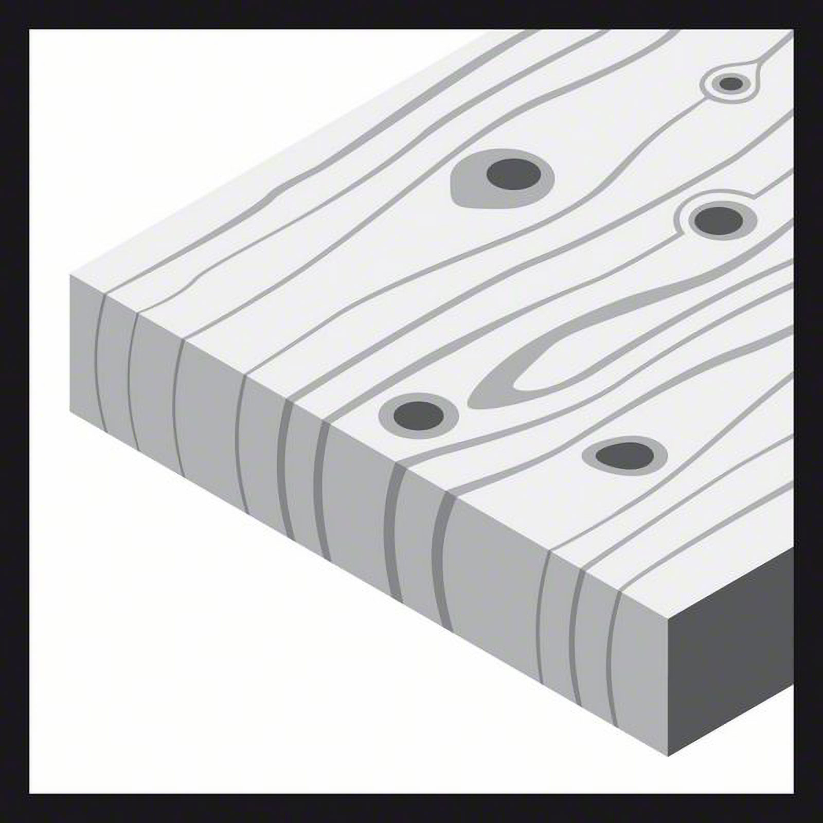 Isometrische Ansicht eines hellgrauen Holzblocks mit dunkelgrauen Maserungslinien und dunklen kreisförmigen Knoten. Weißer Hintergrund.