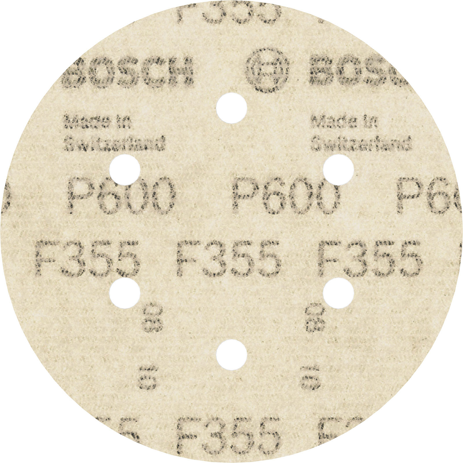 Runde Schleifscheibe mit Bosch-Logo, Produktinformationen und Löchern. Die Scheibe ist beige.