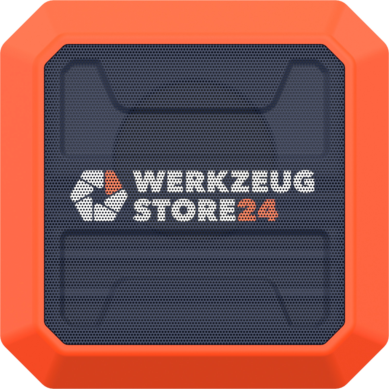 Oranges quadratisches Gerät mit dunkelgrauem Netzmittelteil. Weißes und oranges Logo von 'WERKZEUG STORE24' ist zentriert.
