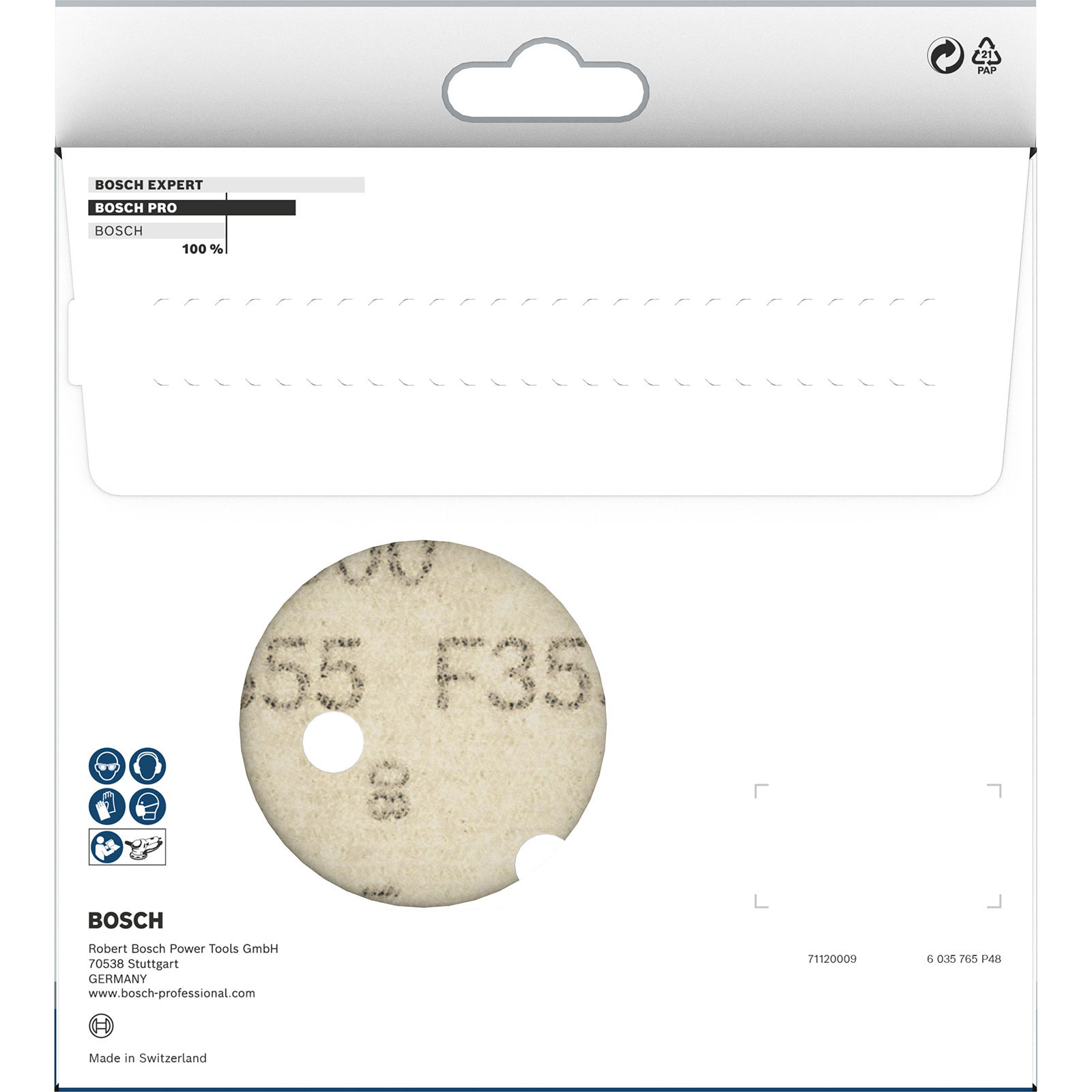 Eine weiße Bosch-Verpackung mit einer Schleifscheibe. Text enthält 'BOSCH PRO', '55 F35' und Sicherheitssymbole.