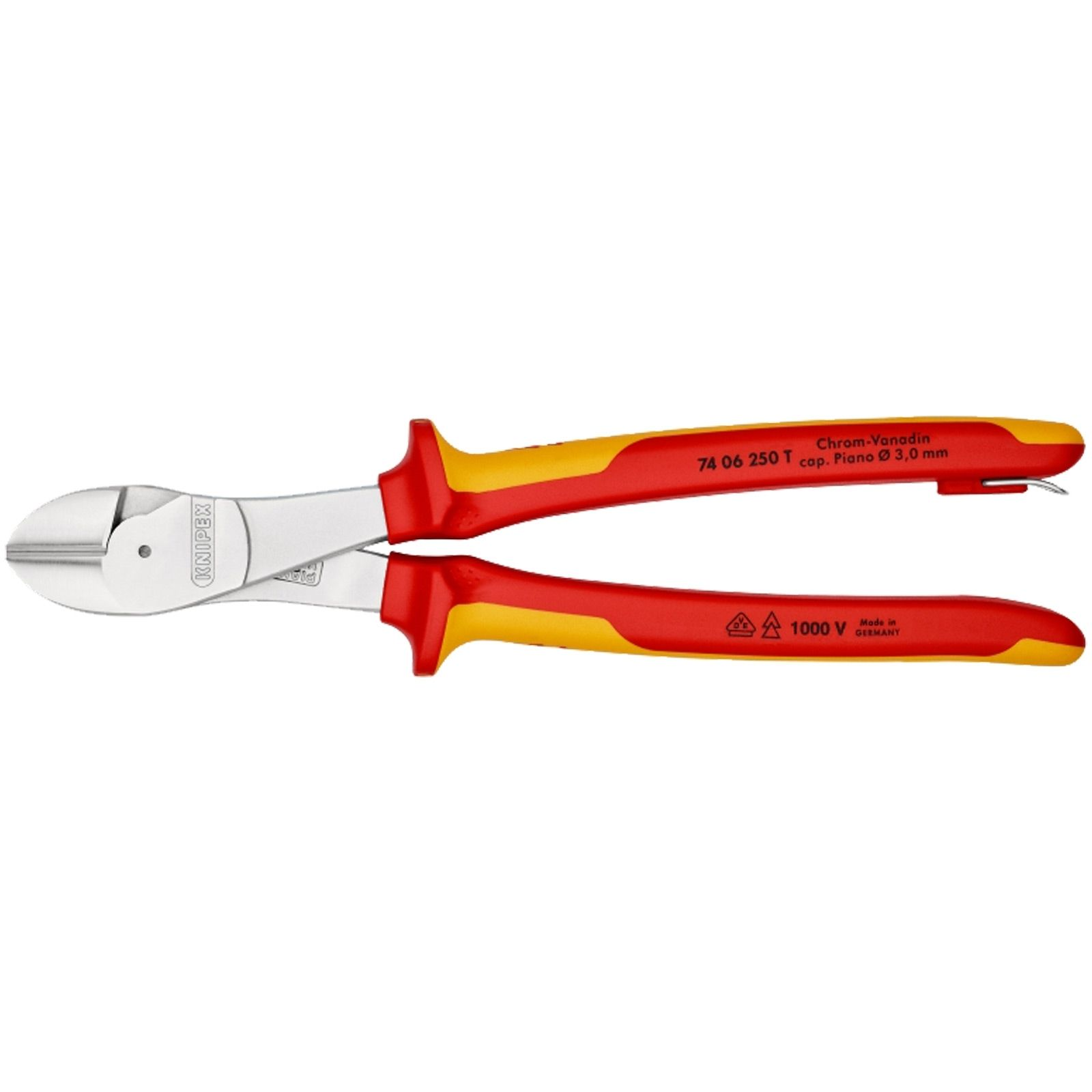 Zange mit rot-gelben Griffen. Der Metallschneider trägt die Aufschrift 'KNIPEX' und '1000 V Made in Germany'.